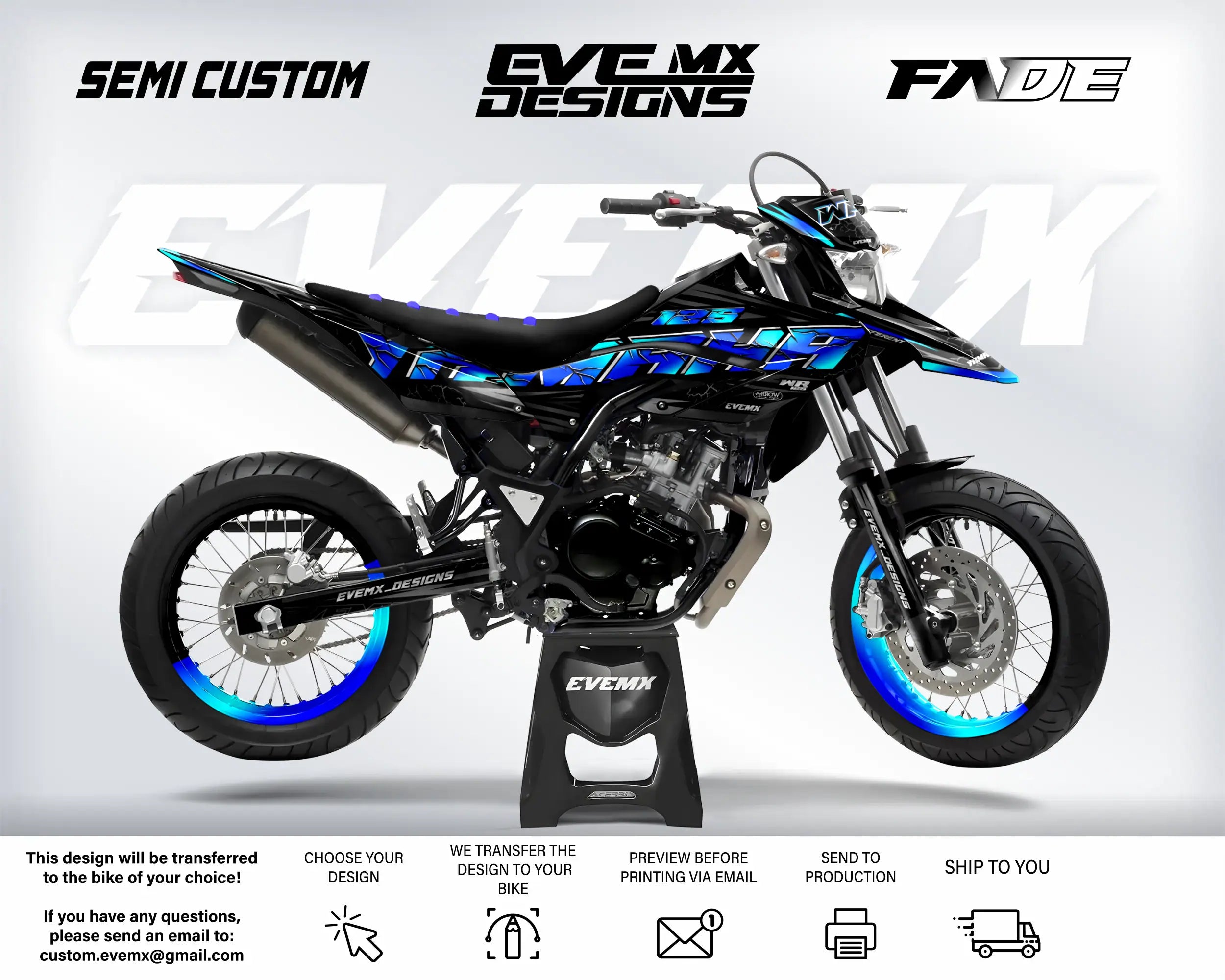 Motorcycle with custom design on a white background, featuring 'EveMX Designs' branding.