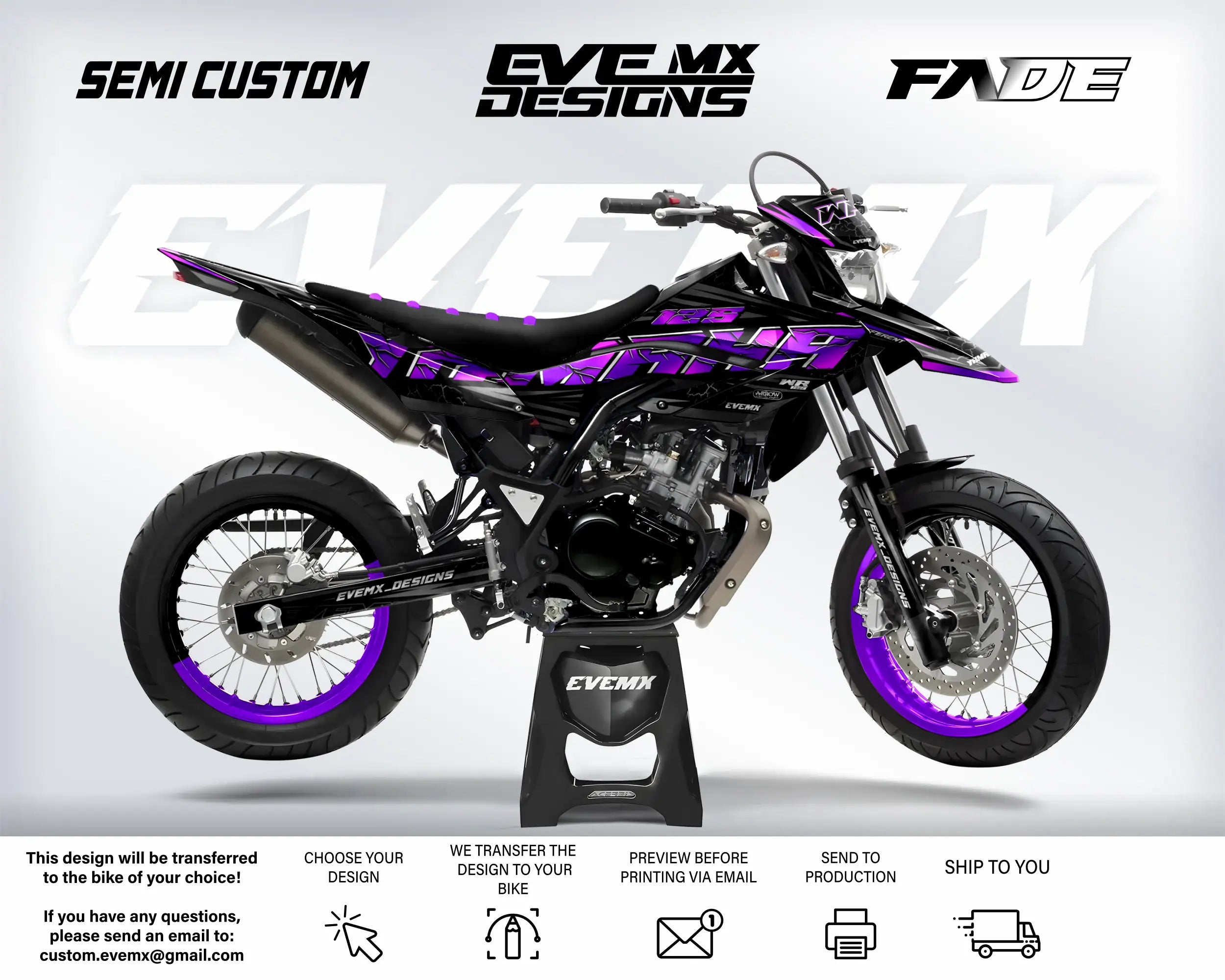 Custom dirt bike with purple and black design on a white background, featuring 'EveMX Designs' branding.