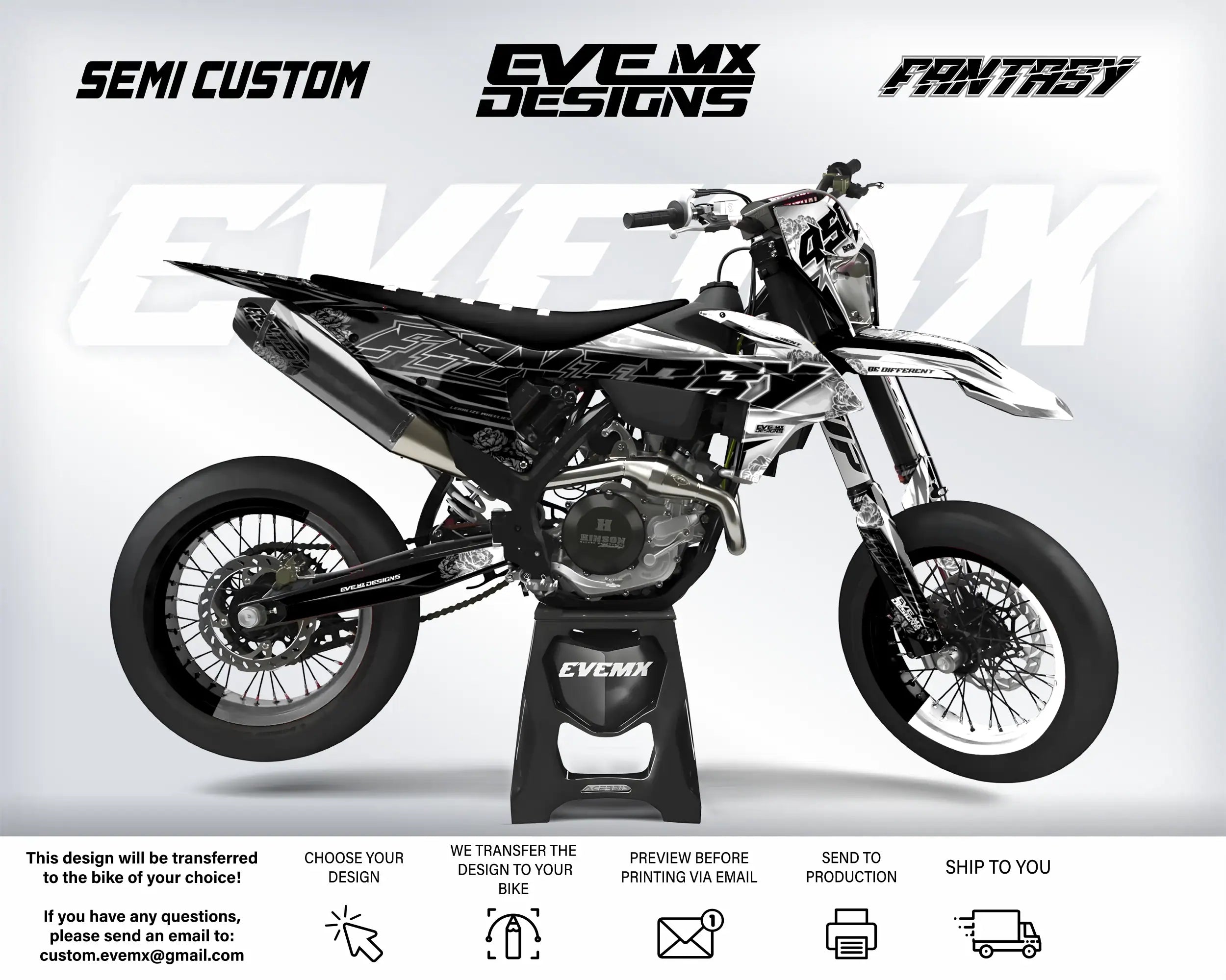 EveMx Designs Motorcycle with customization options on a white background