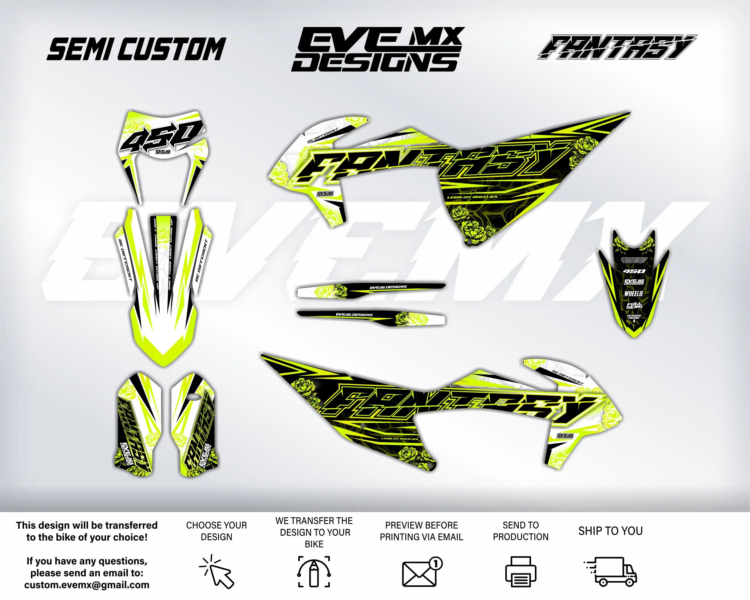 Motorcycle EveMx Designs wrap design kit with various decals and graphics on a white background.