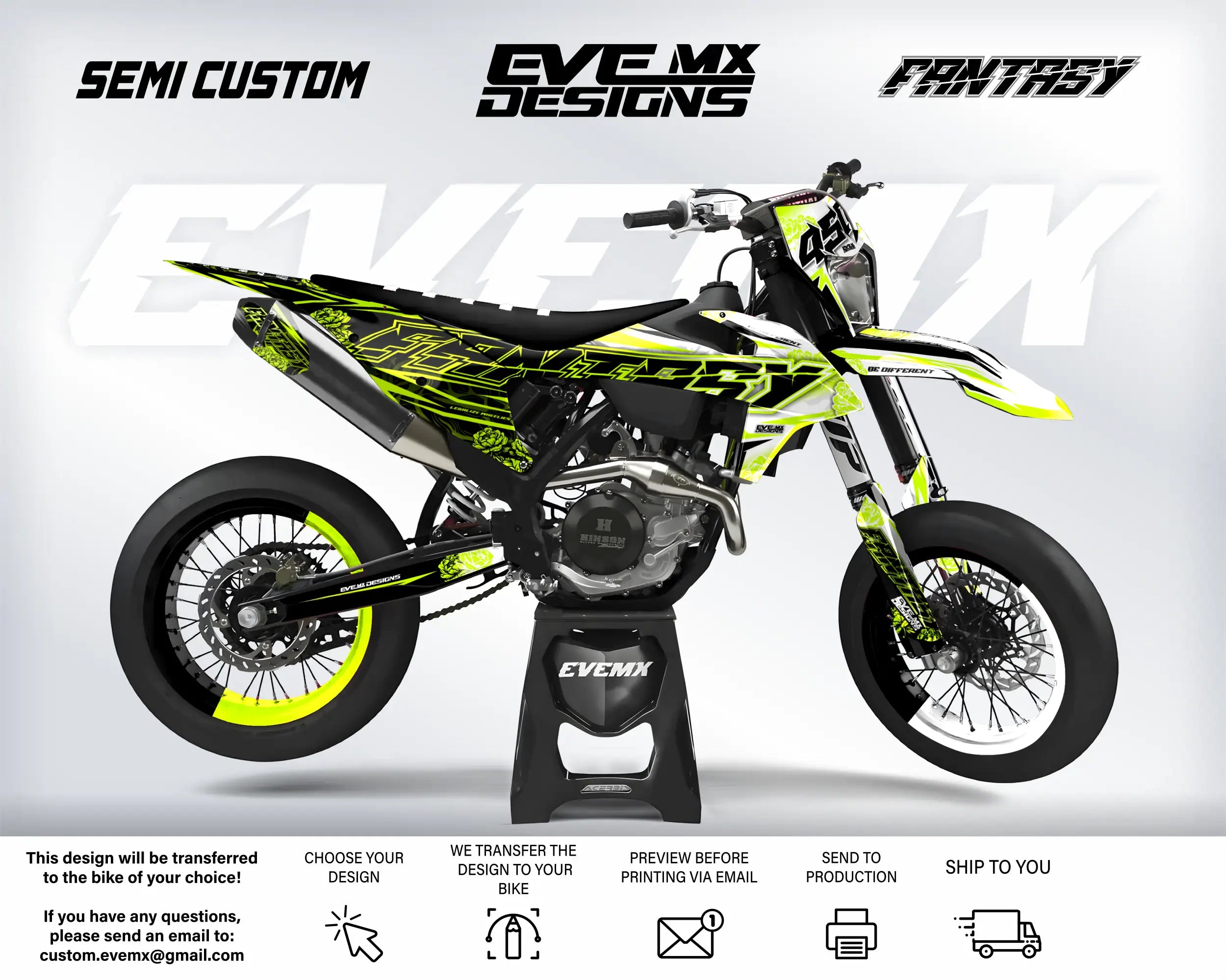 Motorcycle with custom design on a white background, featuring 'EveMX Designs' branding.