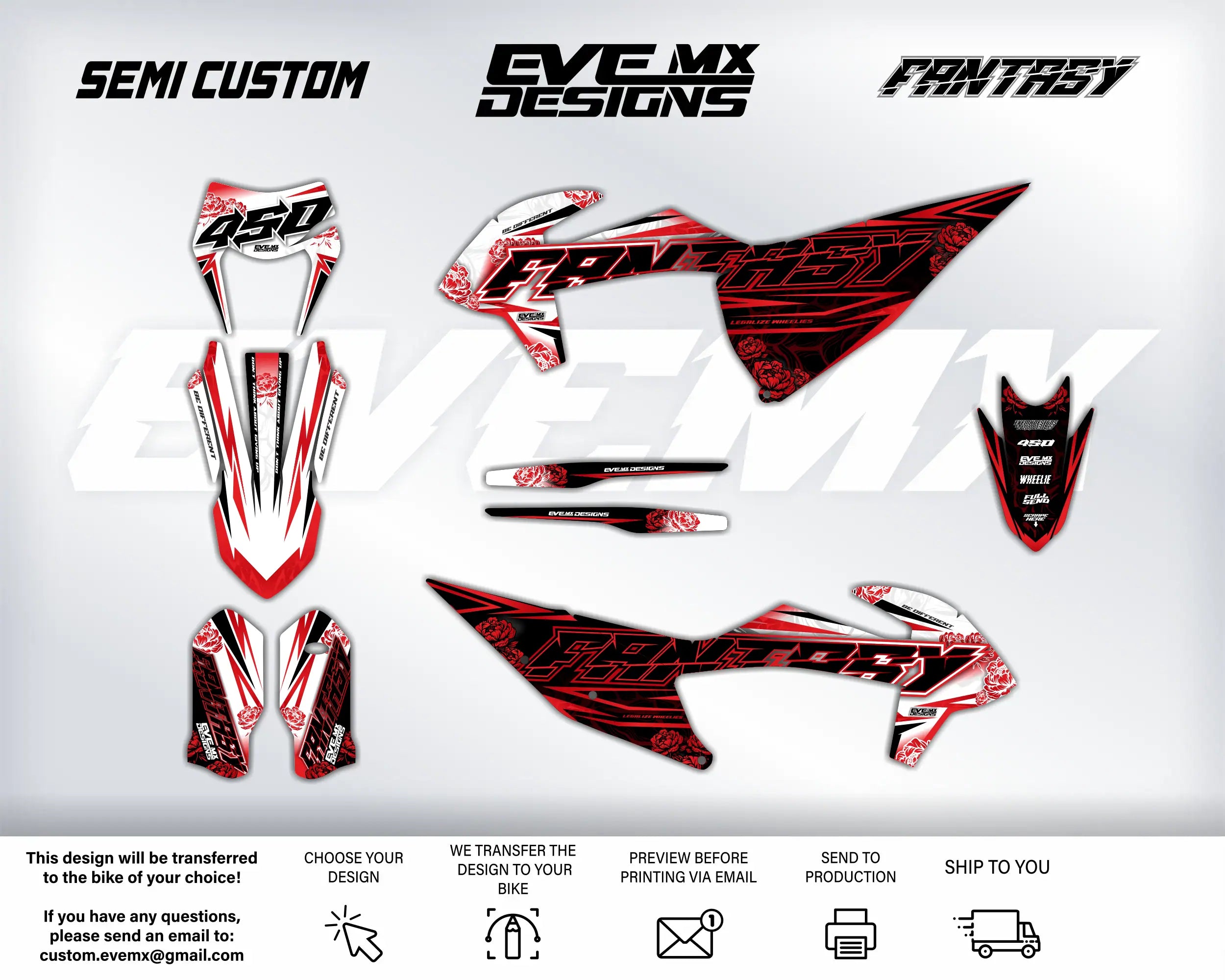 Motorcycle graphics kit with red and black design on a white background, featuring EveMx Designs brand names.