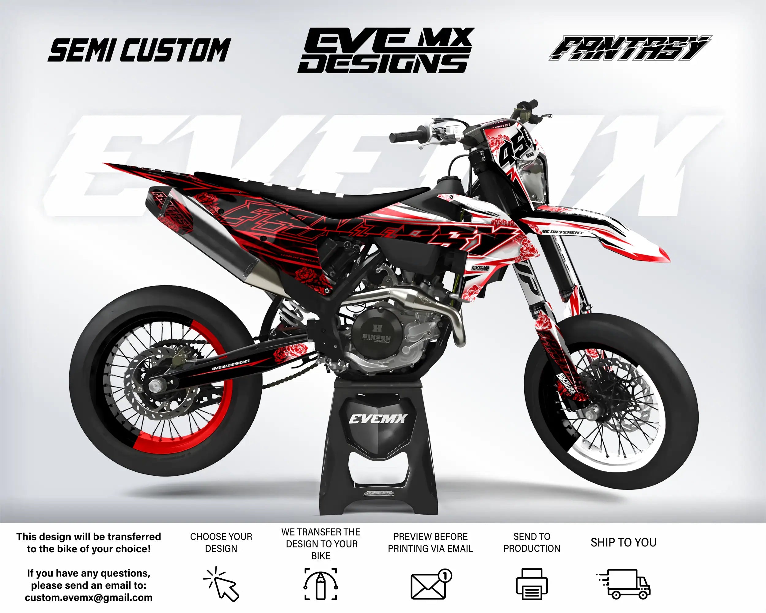 Motorcycle with custom design on a white background, featuring 'EveMX Designs' branding.