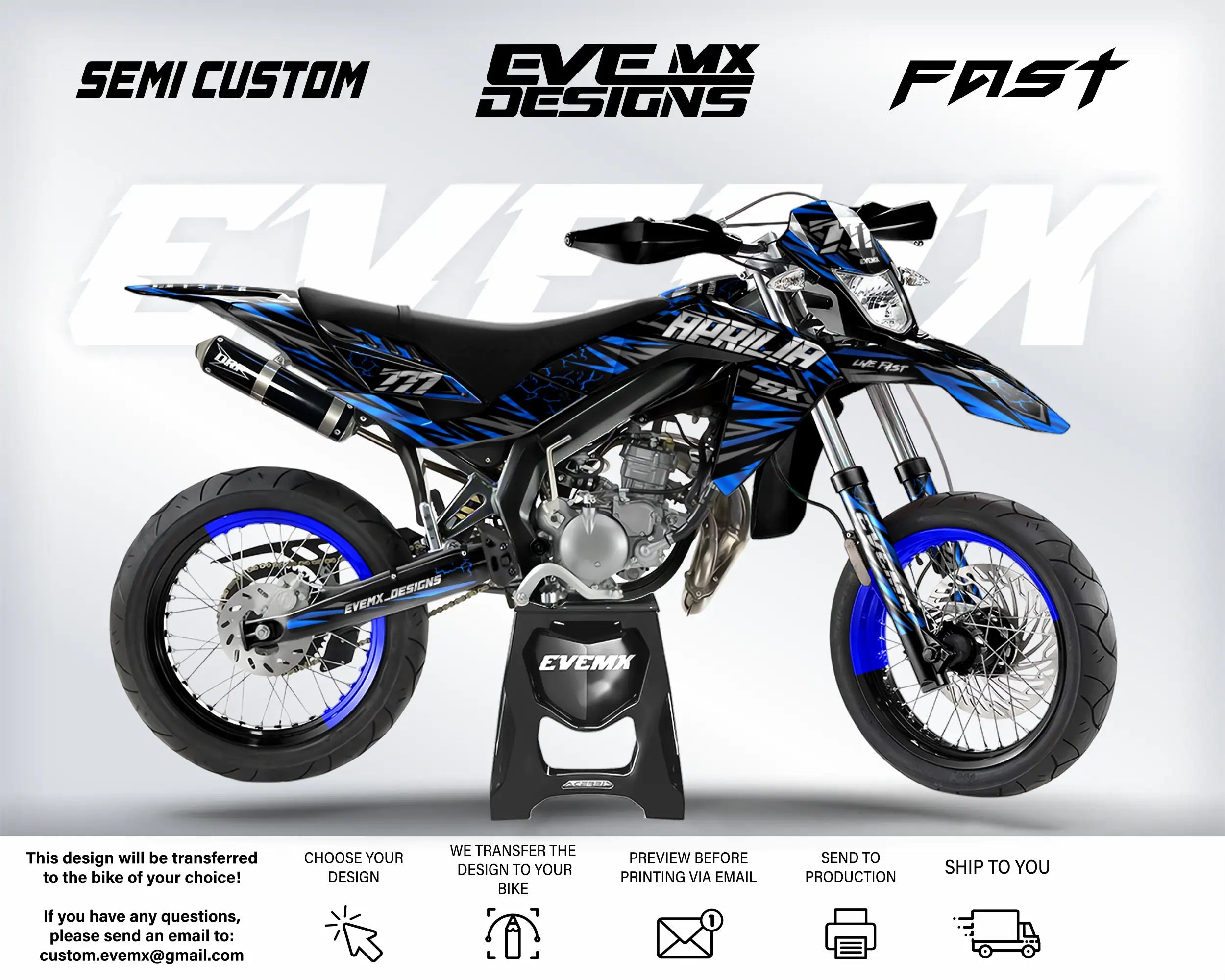 Motorcycle with custom design elements on a white background, featuring EveMx Designs branding and text.