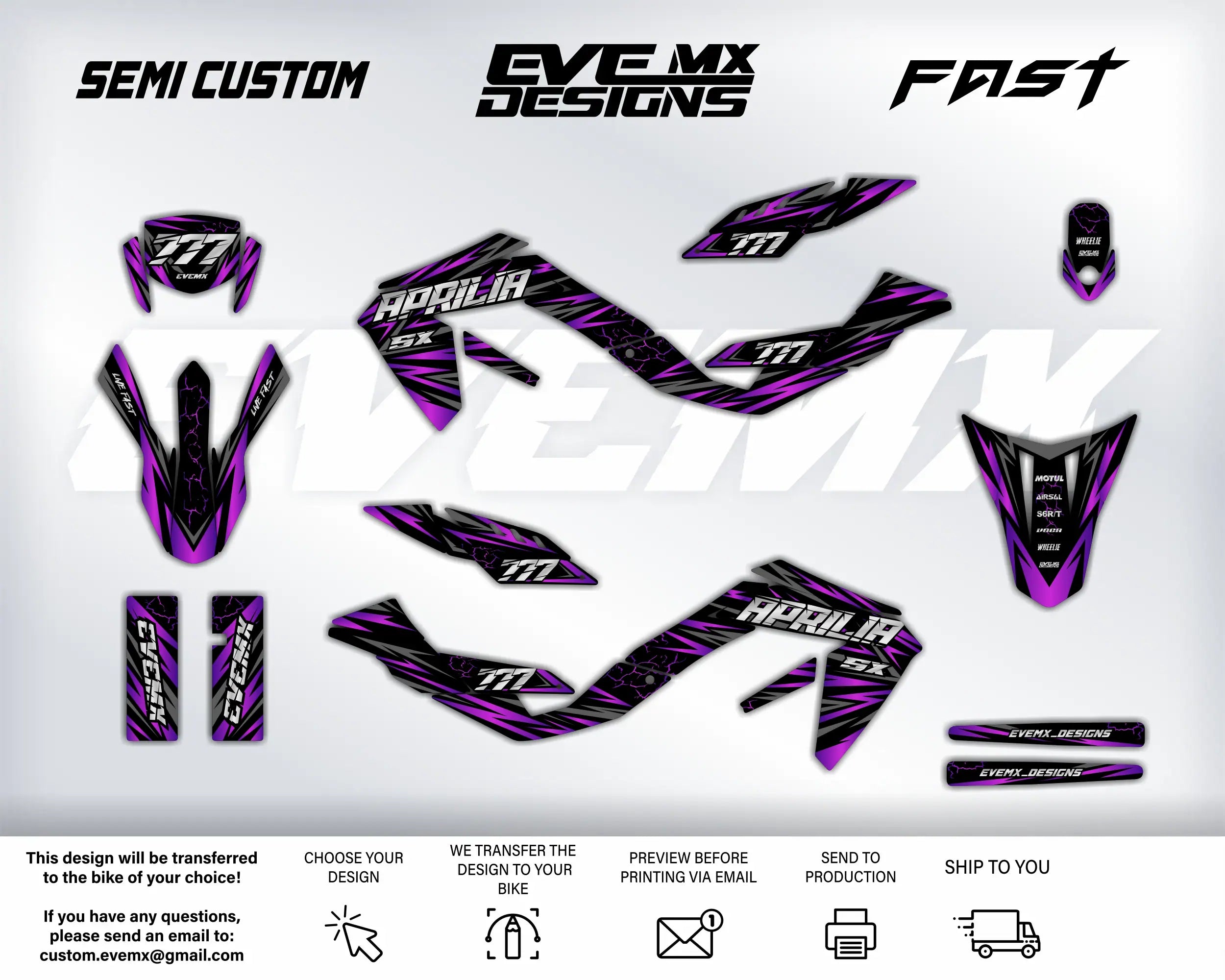 Motorcycle wrap design with 'EveMX Designs' branding on a white background