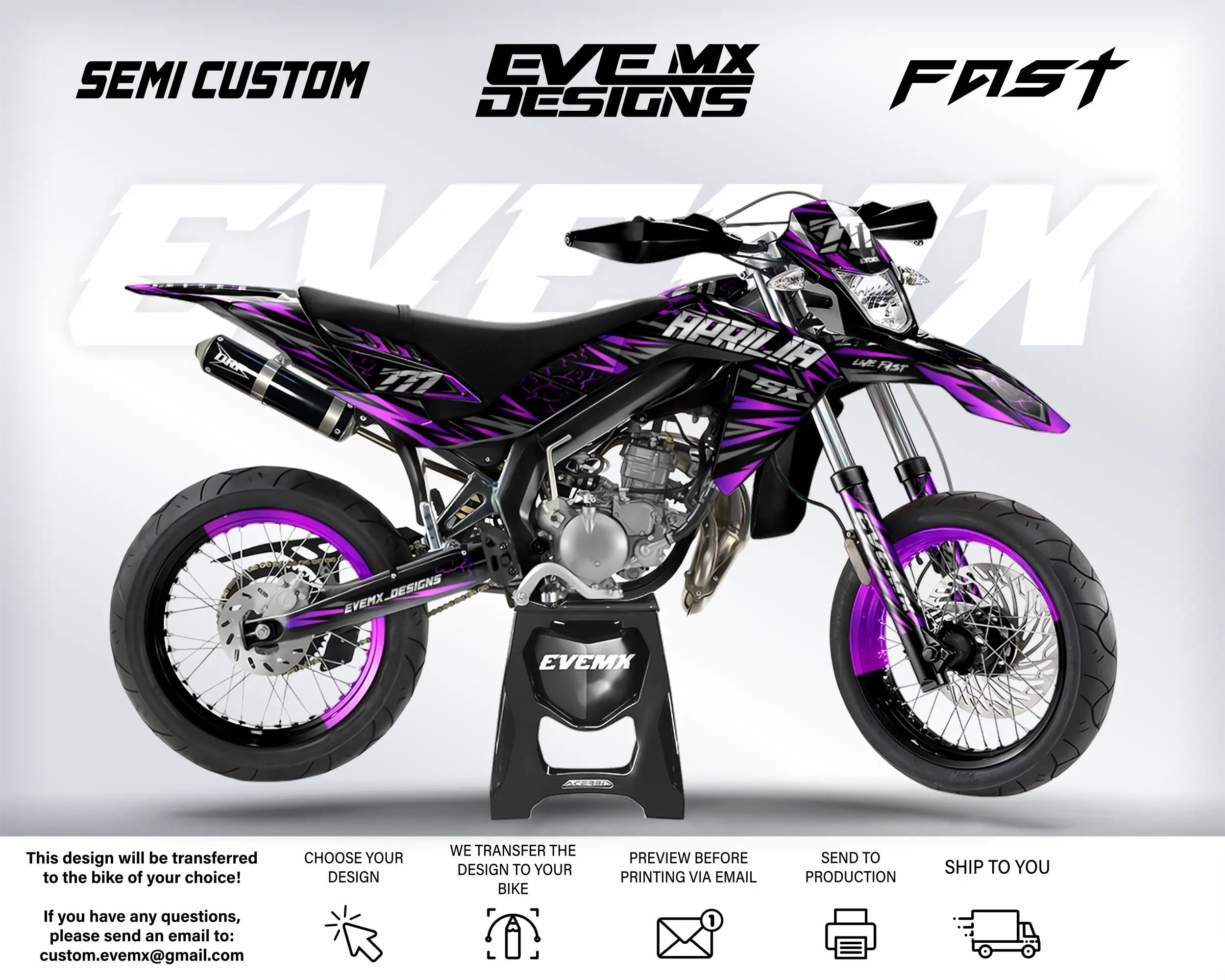 Motorcycle with purple and black design on a white background, featuring 'EveMX Designs' branding.