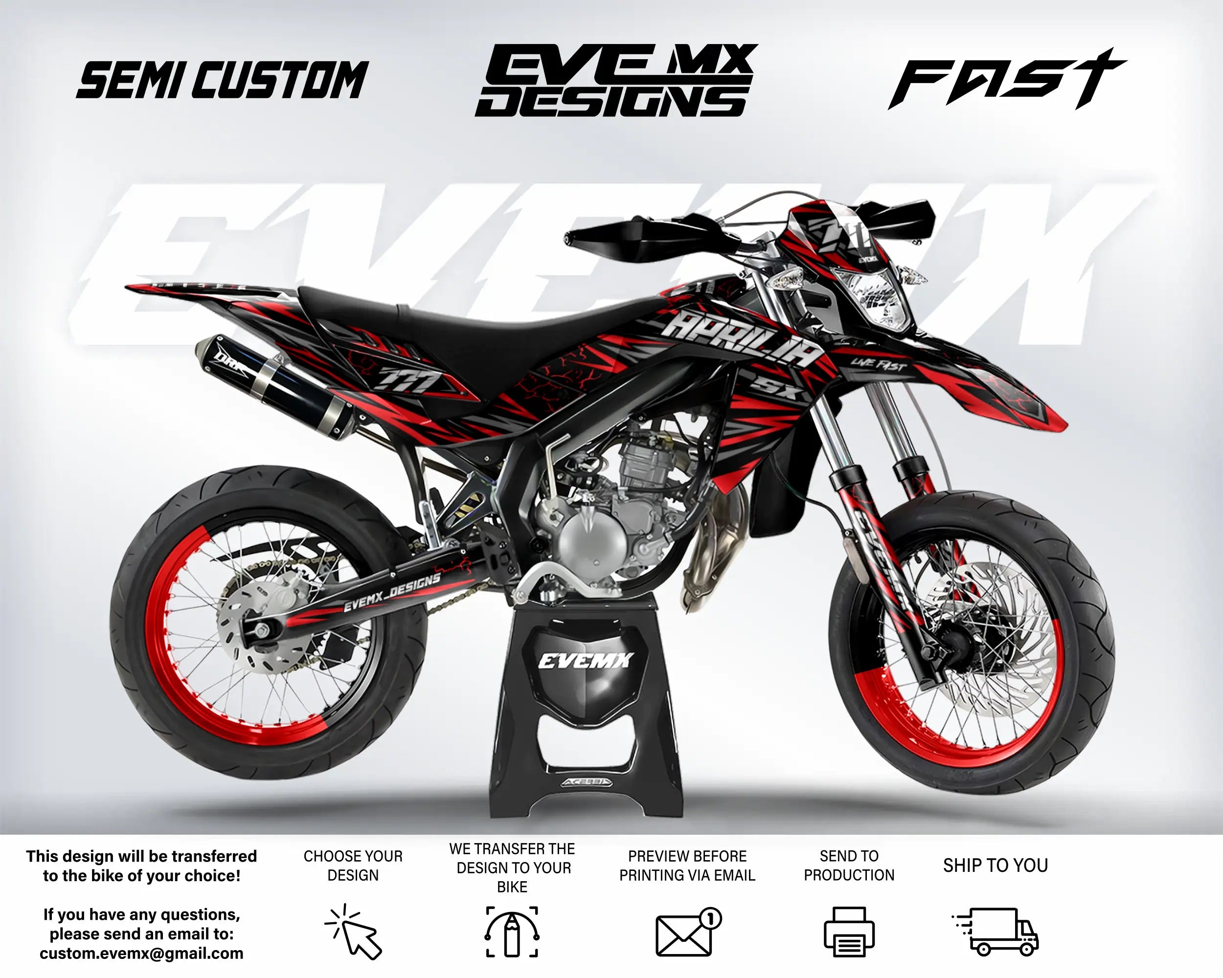 Motorcycle with red and black design on a white background, featuring 'EveMX Designs' branding.