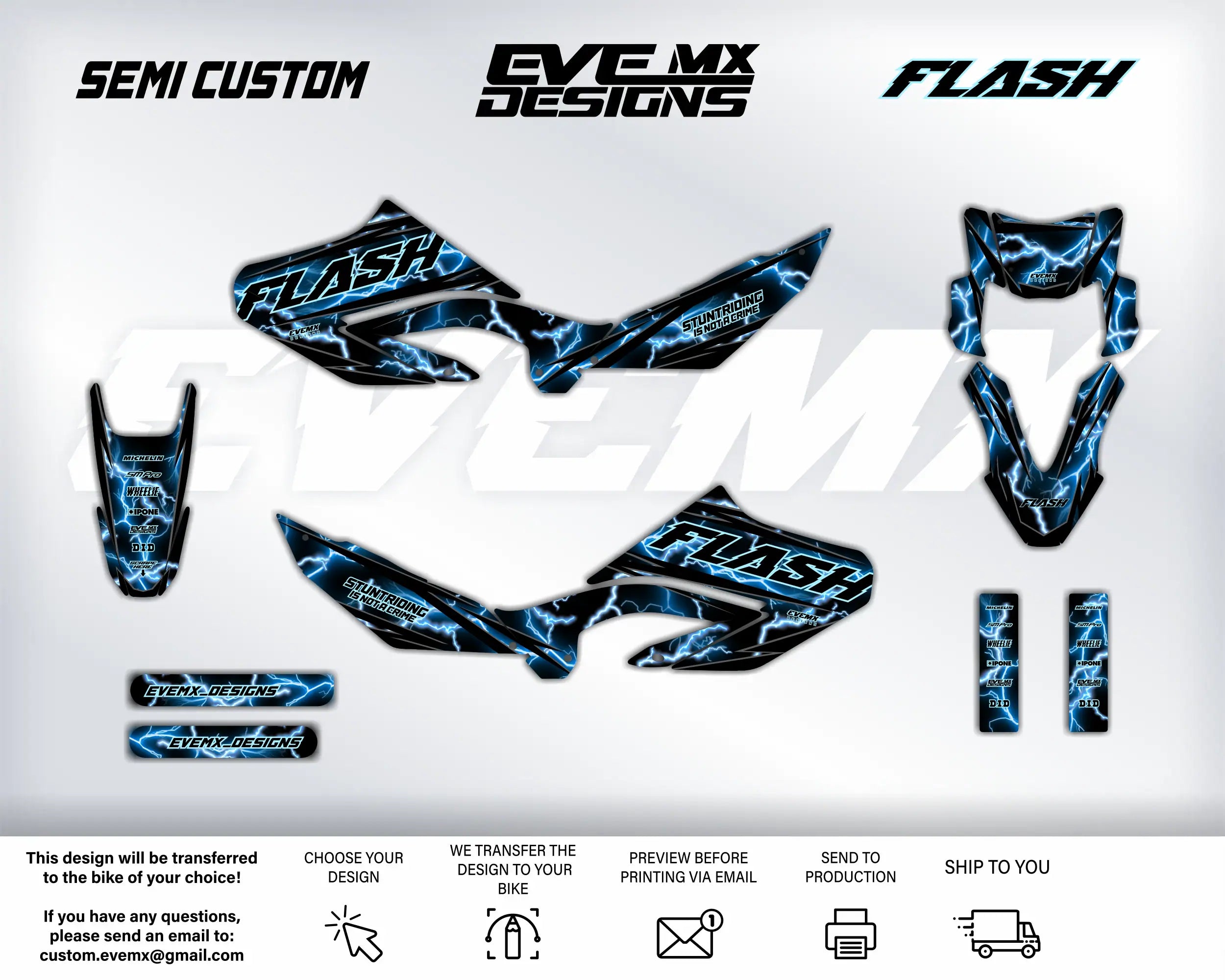 Motorcycle wrap design with 'Flash'  EveMx Designs branding on a white background
