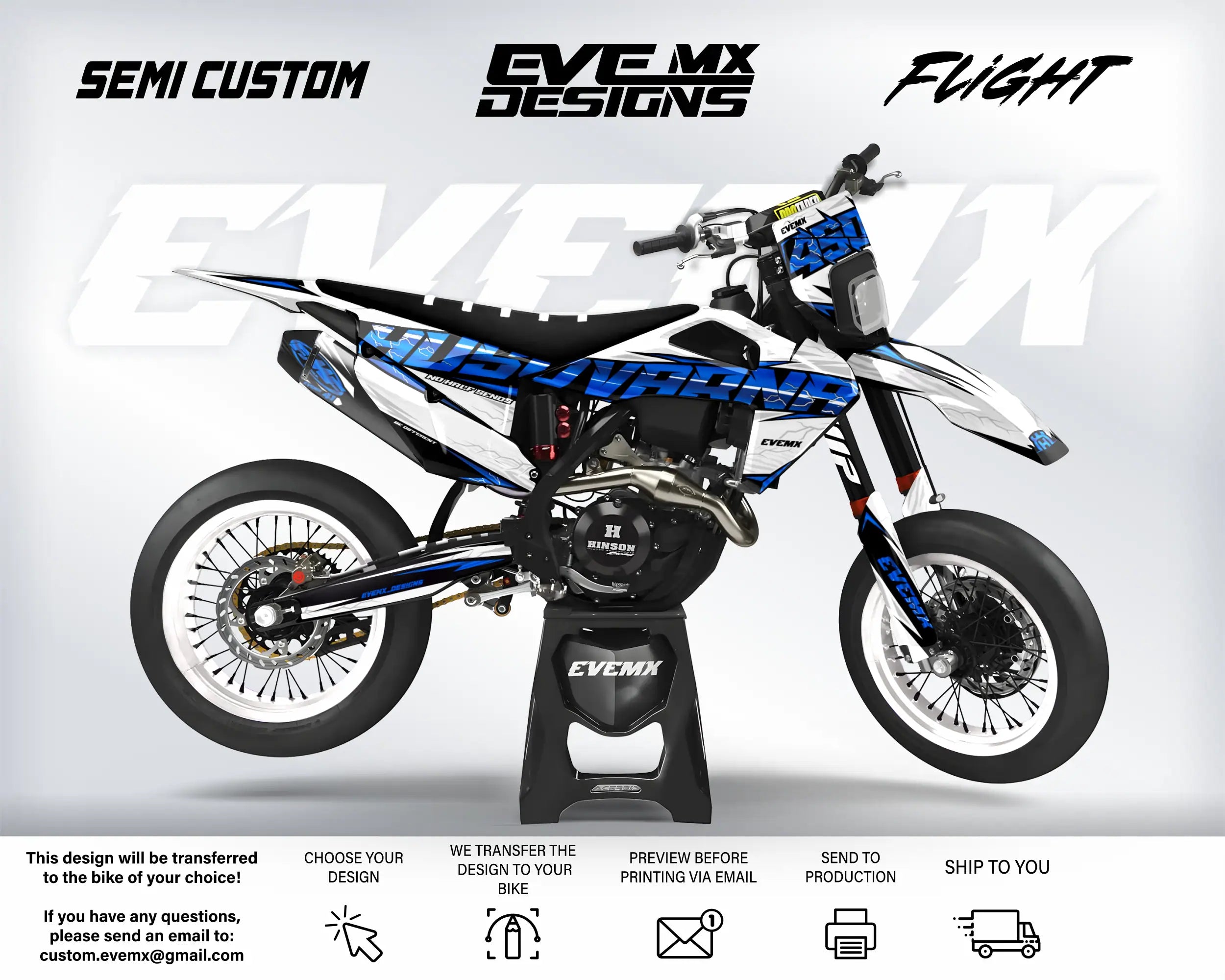Motorcycle with 'EveMX Designs' branding on a white background