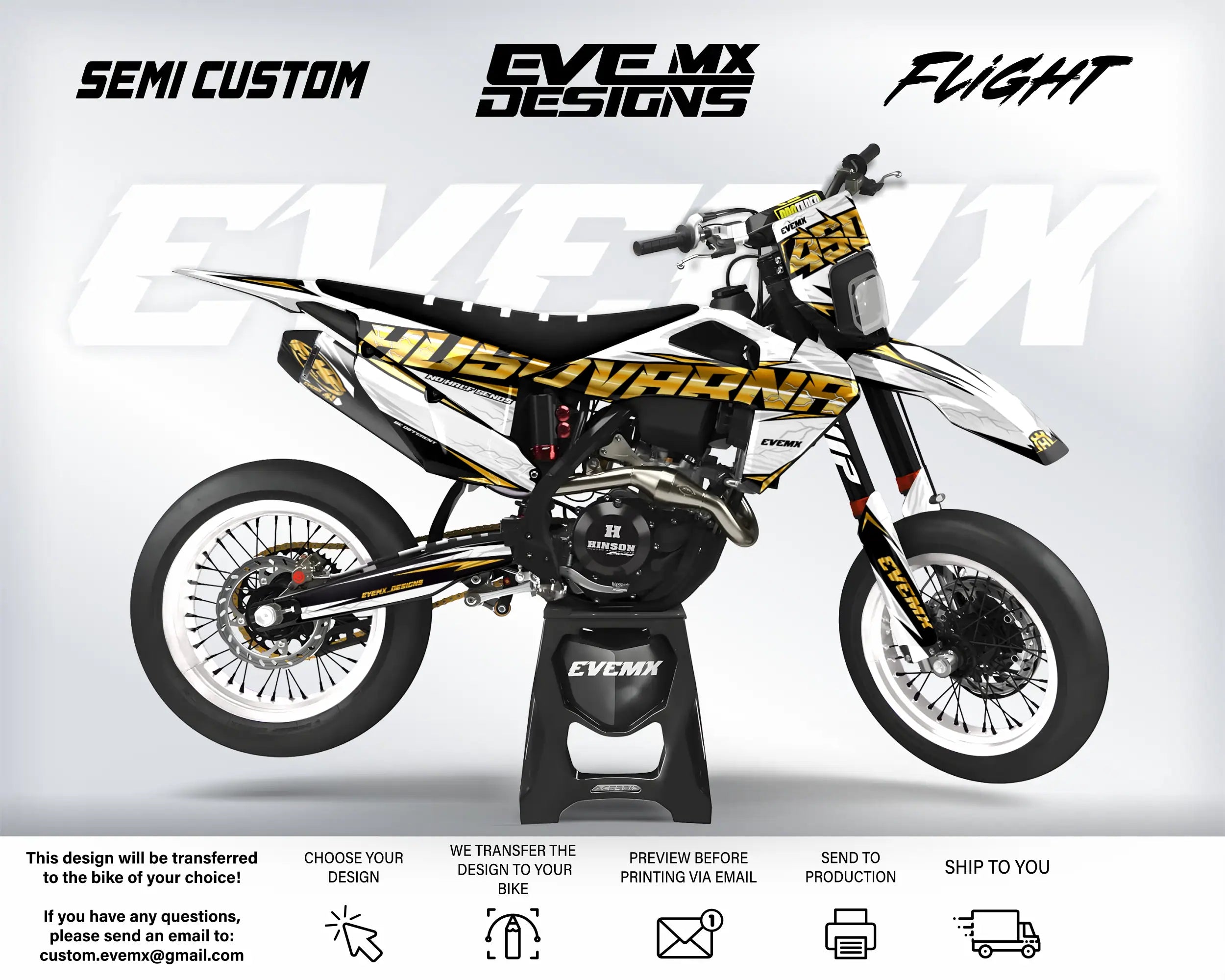 Motocross bike with 'EveMX Designs' branding on a white background
