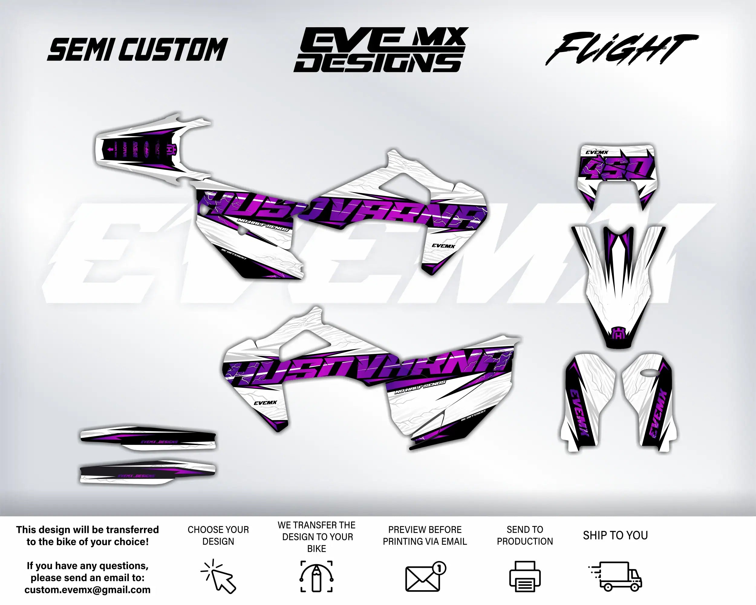 Motorcycle wrap design with purple and black graphics on a white background, featuring 'EveMX Designs' branding.
