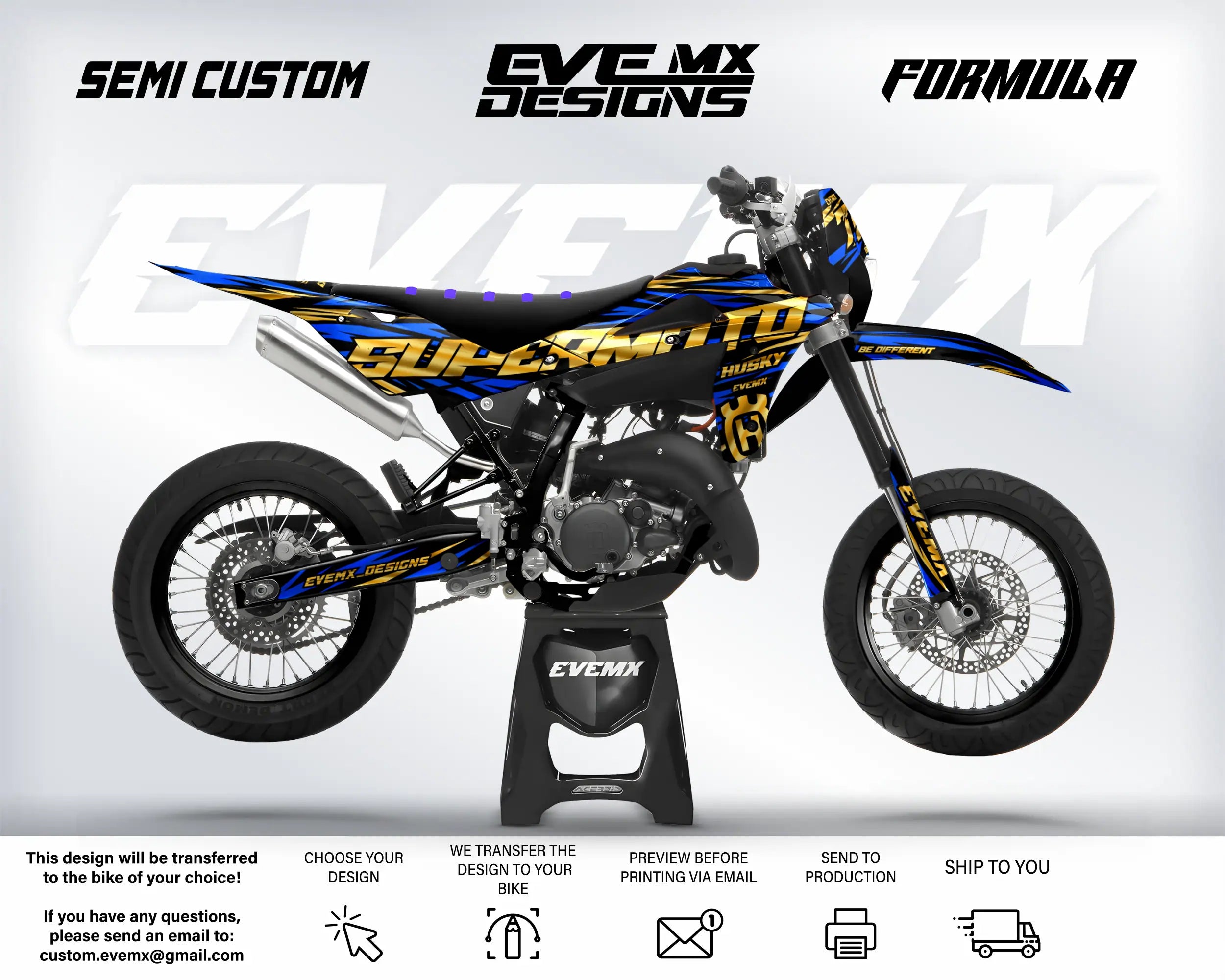 Motocross bike with 'EveMX Designs' branding on a white background