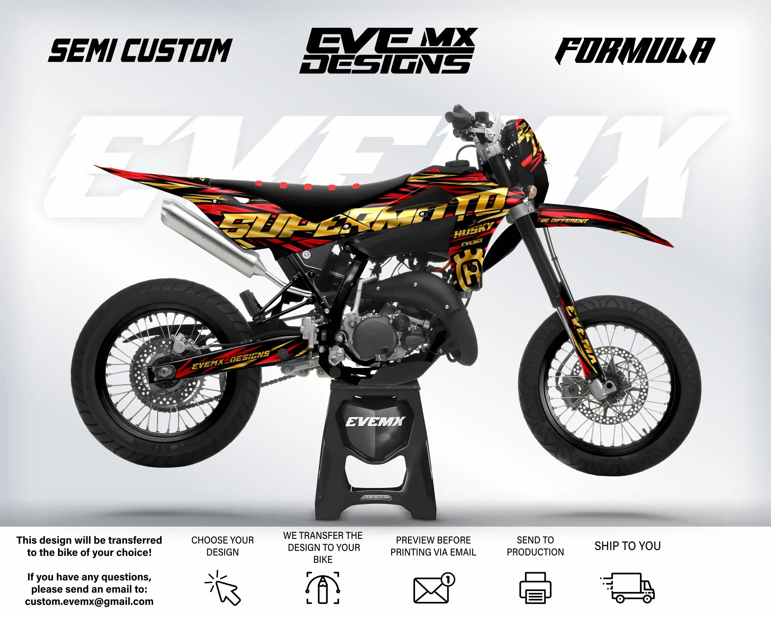 Motocross bike with custom graphics on a white background, featuring 'EveMX Designs' branding.