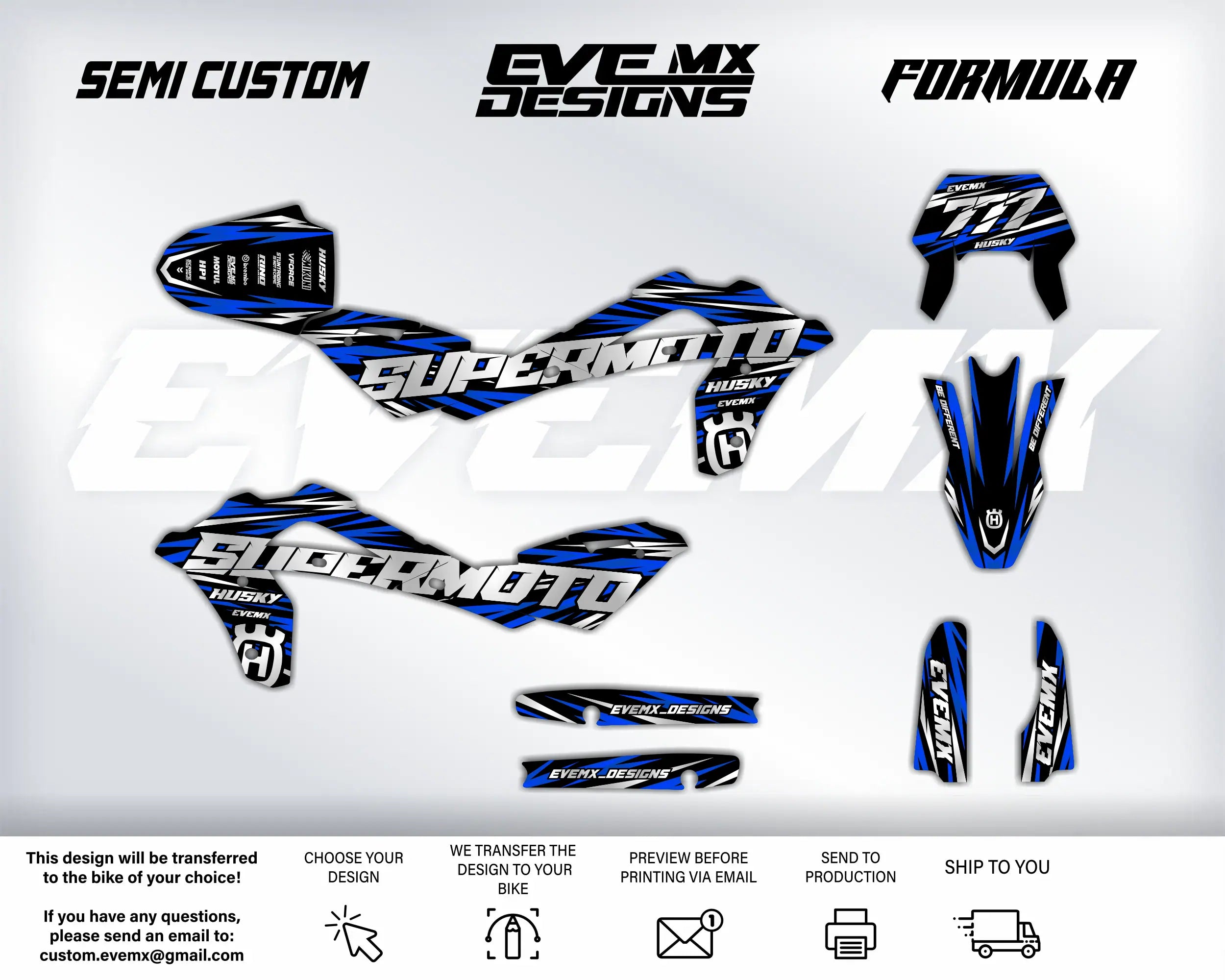 Motocross graphics kit with 'Supermoto' design on a white background, featuring EveMx Designs branding and contact information.