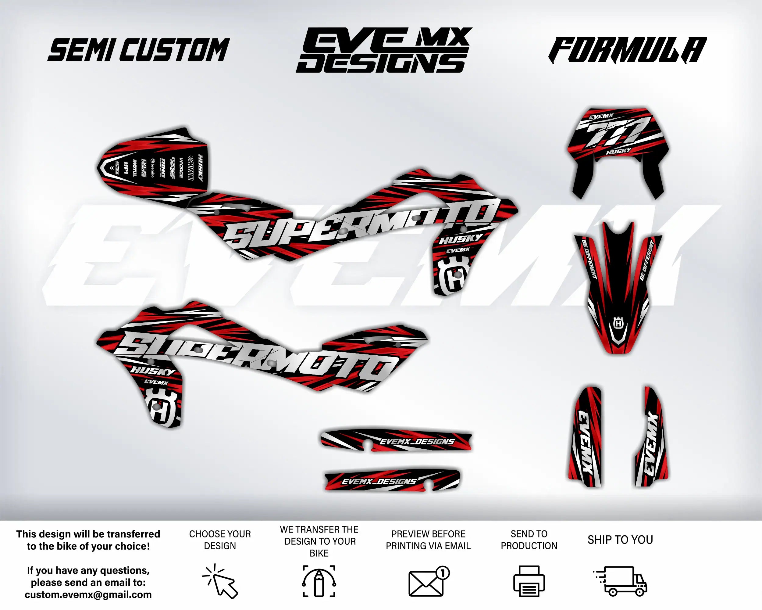 Motocross graphics kit with 'Supermoto' design on a white background, featuring EveMx Designs branding and contact information.