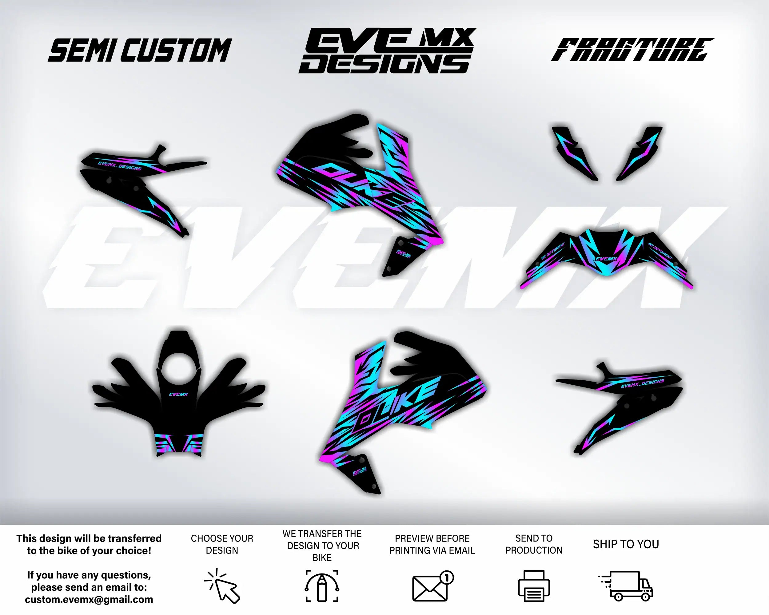 Motorcycle decals with 'EveMX Designs' branding on a white background