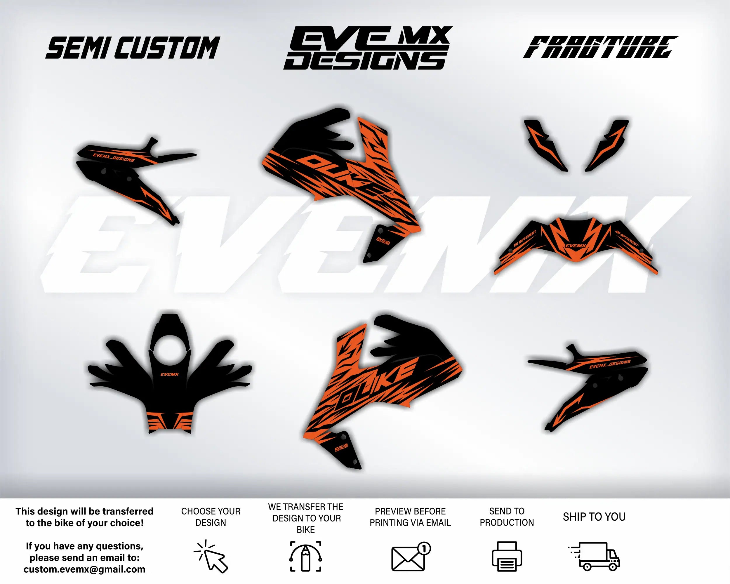 Collection of orange and black motorcycle decals with EveMX Designs brand names on a white background