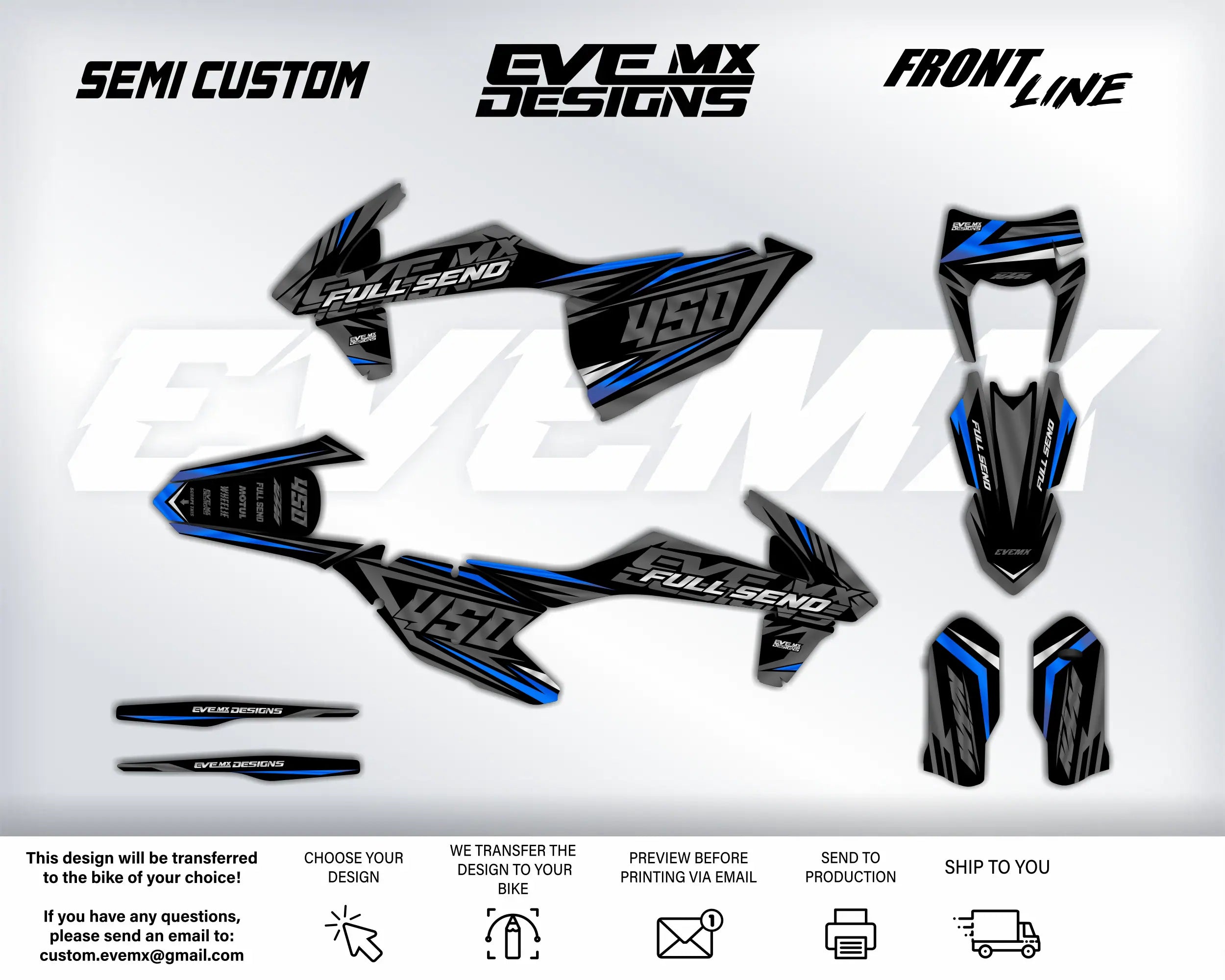 Motorcycle graphics kit with 'EveMX Designs' branding on a white background