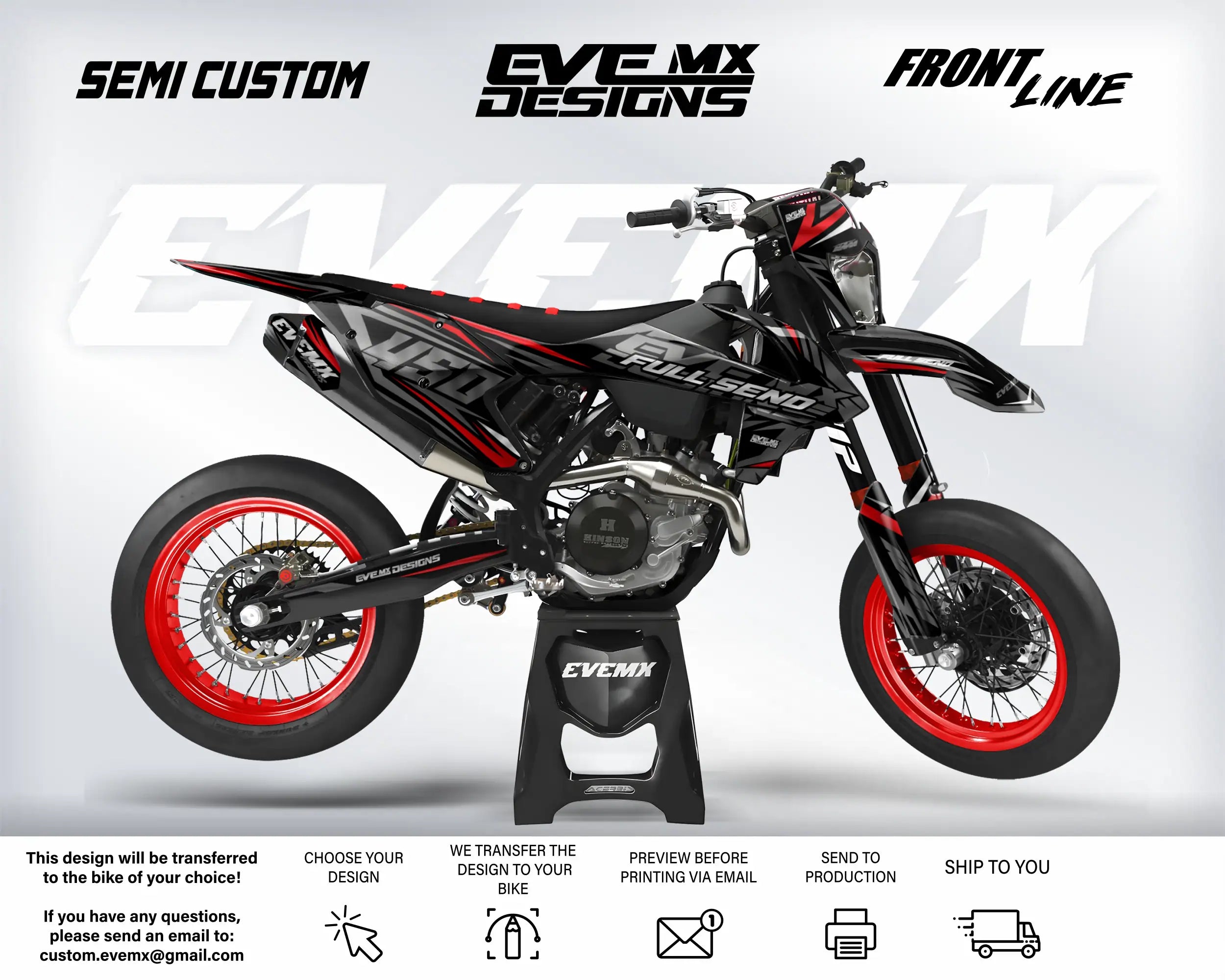 Motorcycle with red wheels on a white background, featuring 'EveMX Designs' branding.