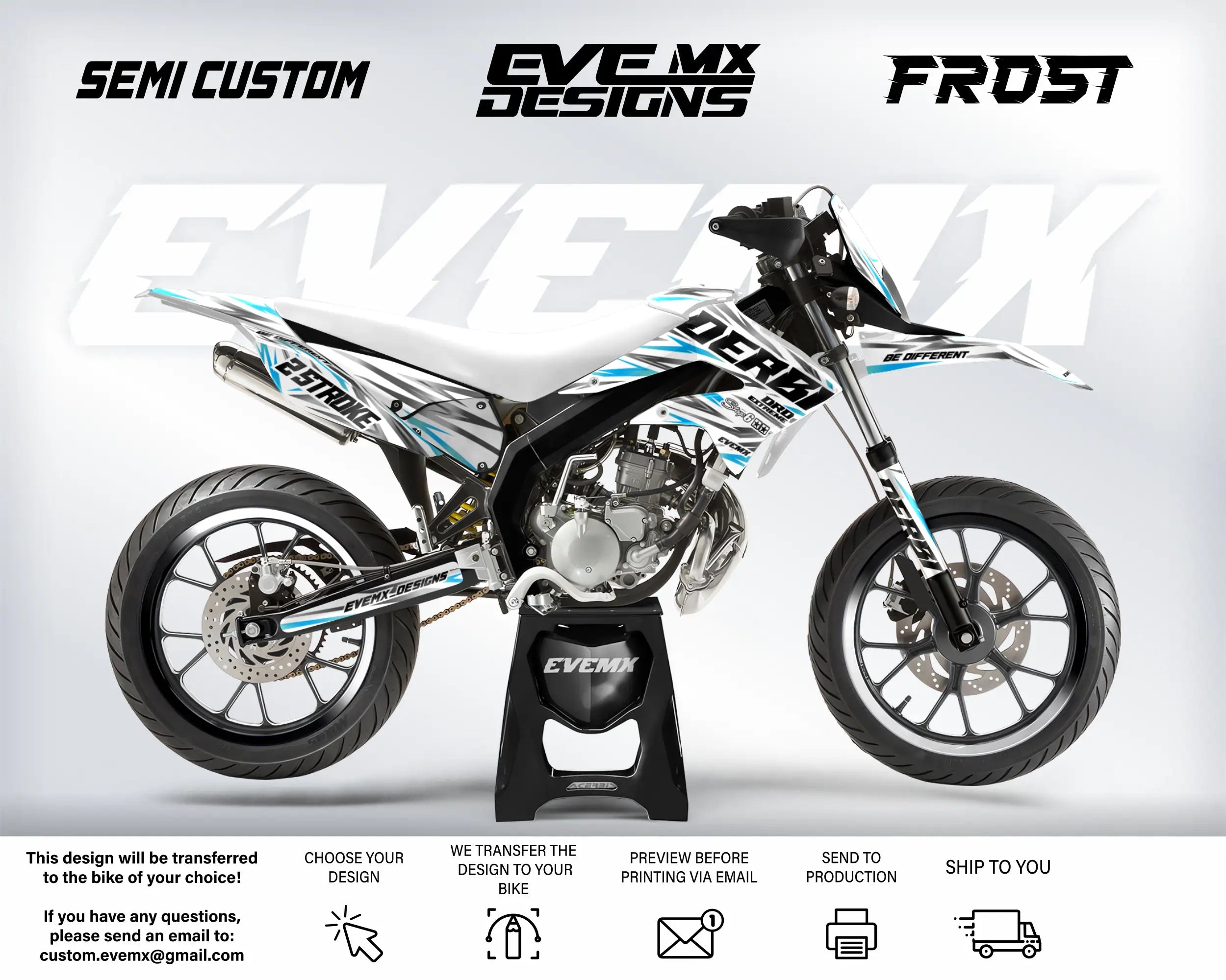 Motorcycle with 'EveMX Designs' branding on a white background