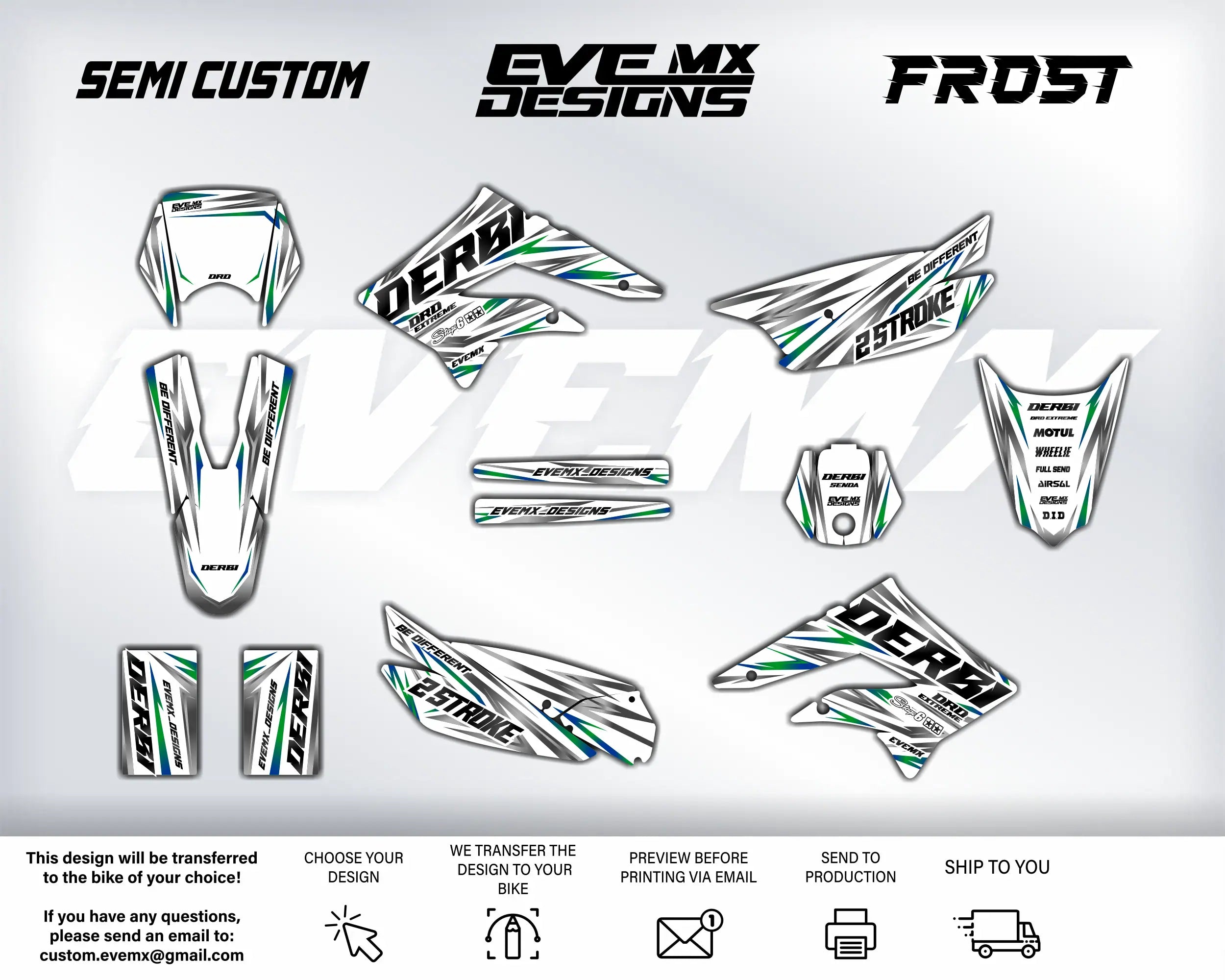 Collection of motorcycle decals with 'EVEMX Designs' branding on a white background.