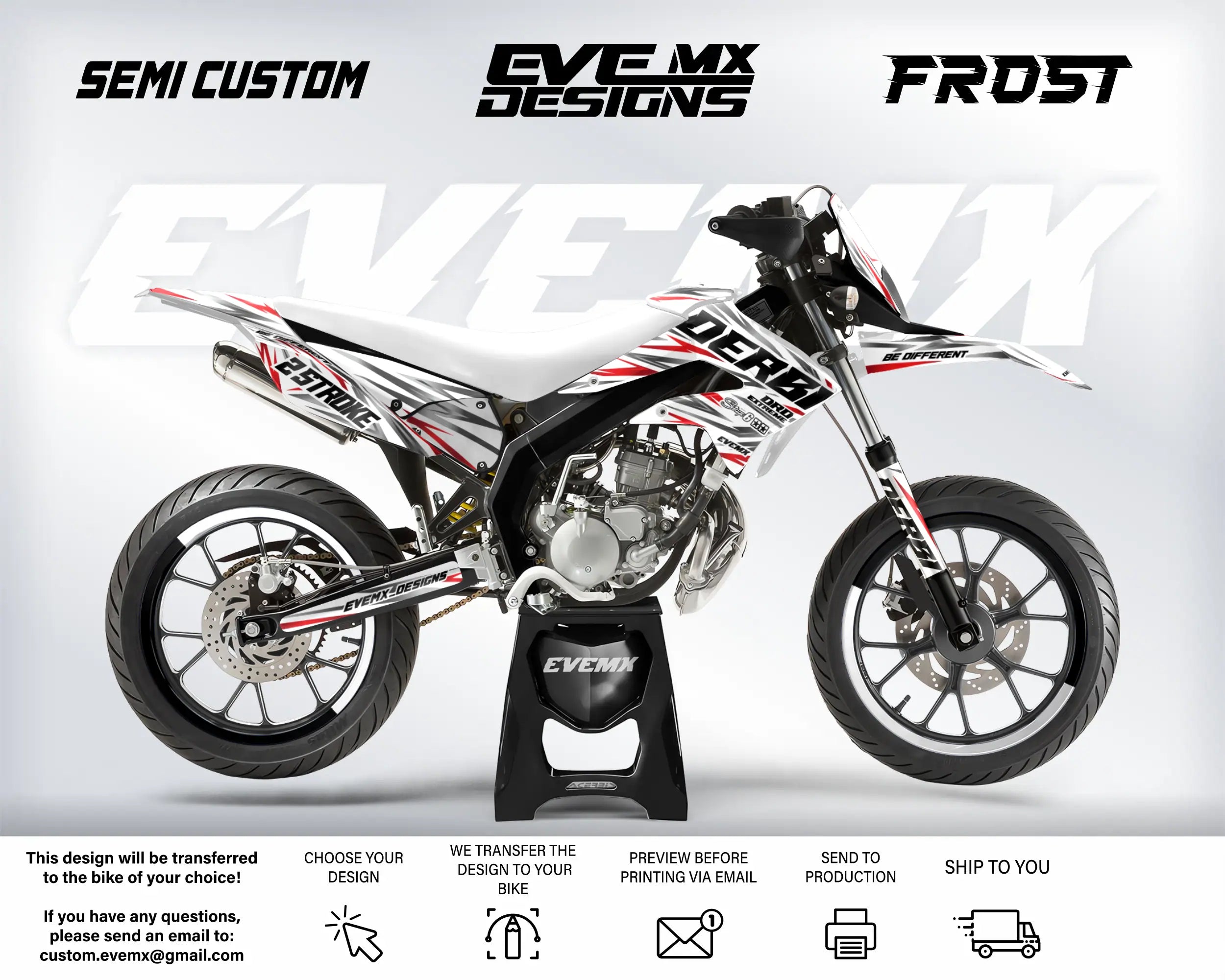 Motorcycle with 'EveMX Designs' branding on a white background