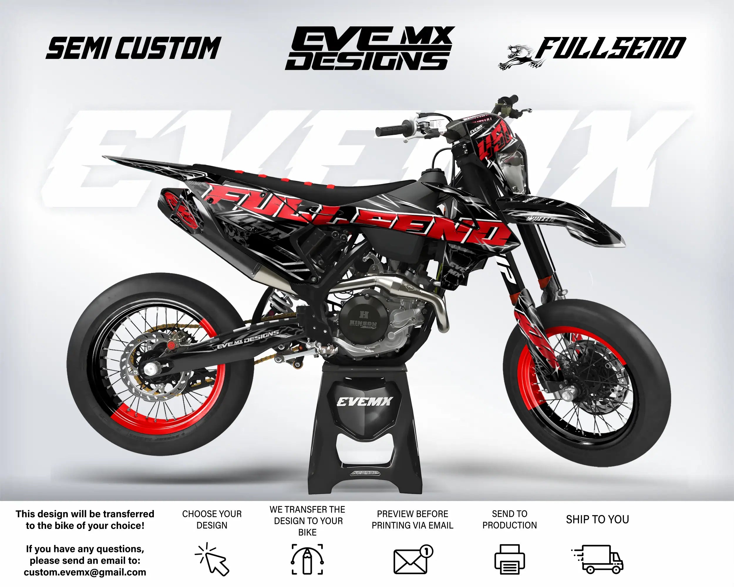 Motorcycle with 'Full Send' branding on a white background, featuring 'EveMX Designs'.