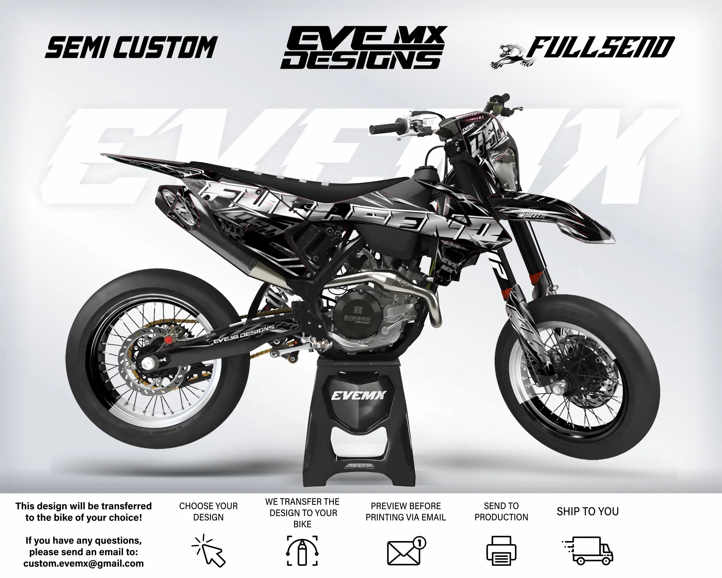 Motorcycle with 'EveMX Designs' branding on a white background