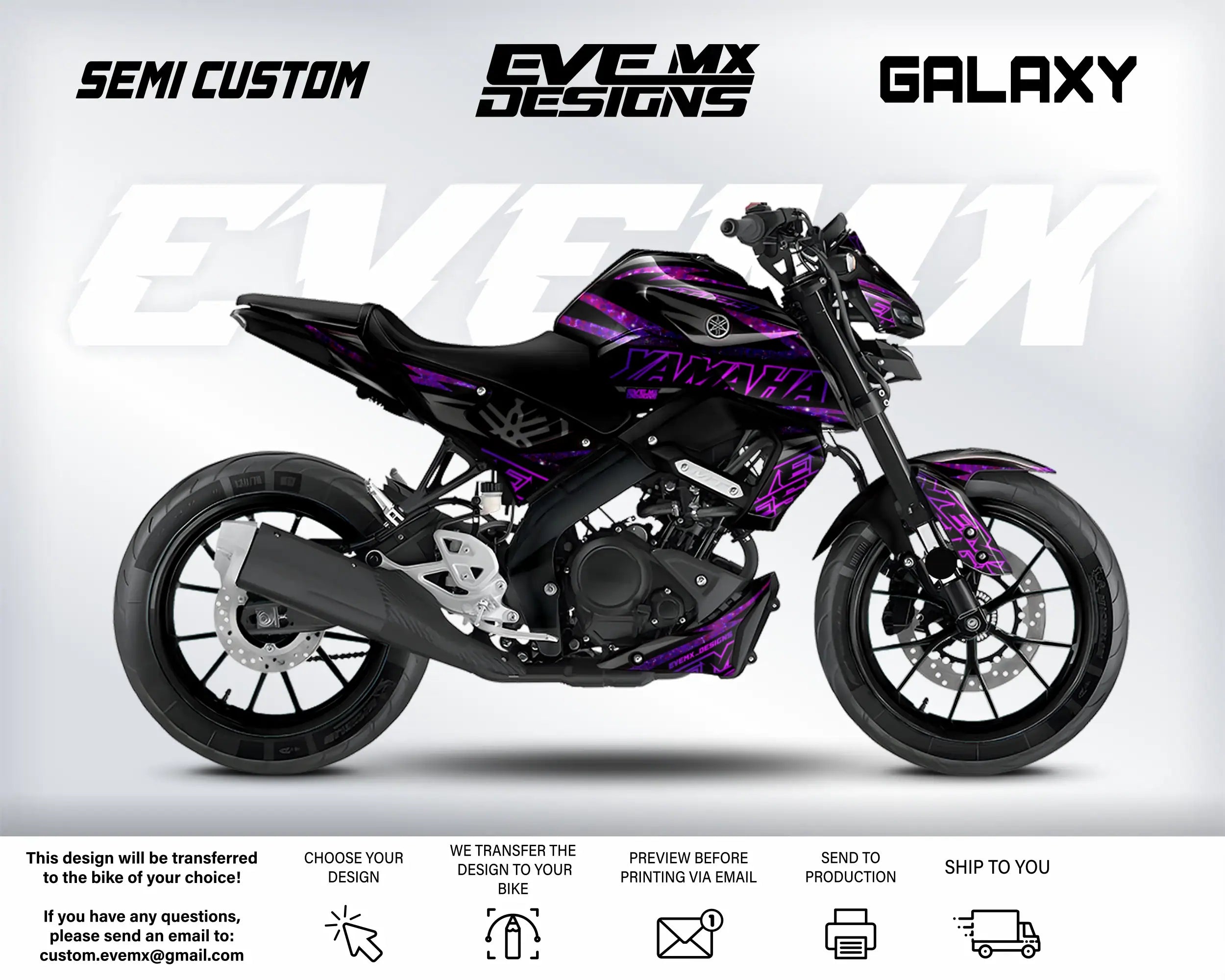 Motorcycle with purple design on a white background, featuring 'EveMX Designs' branding.