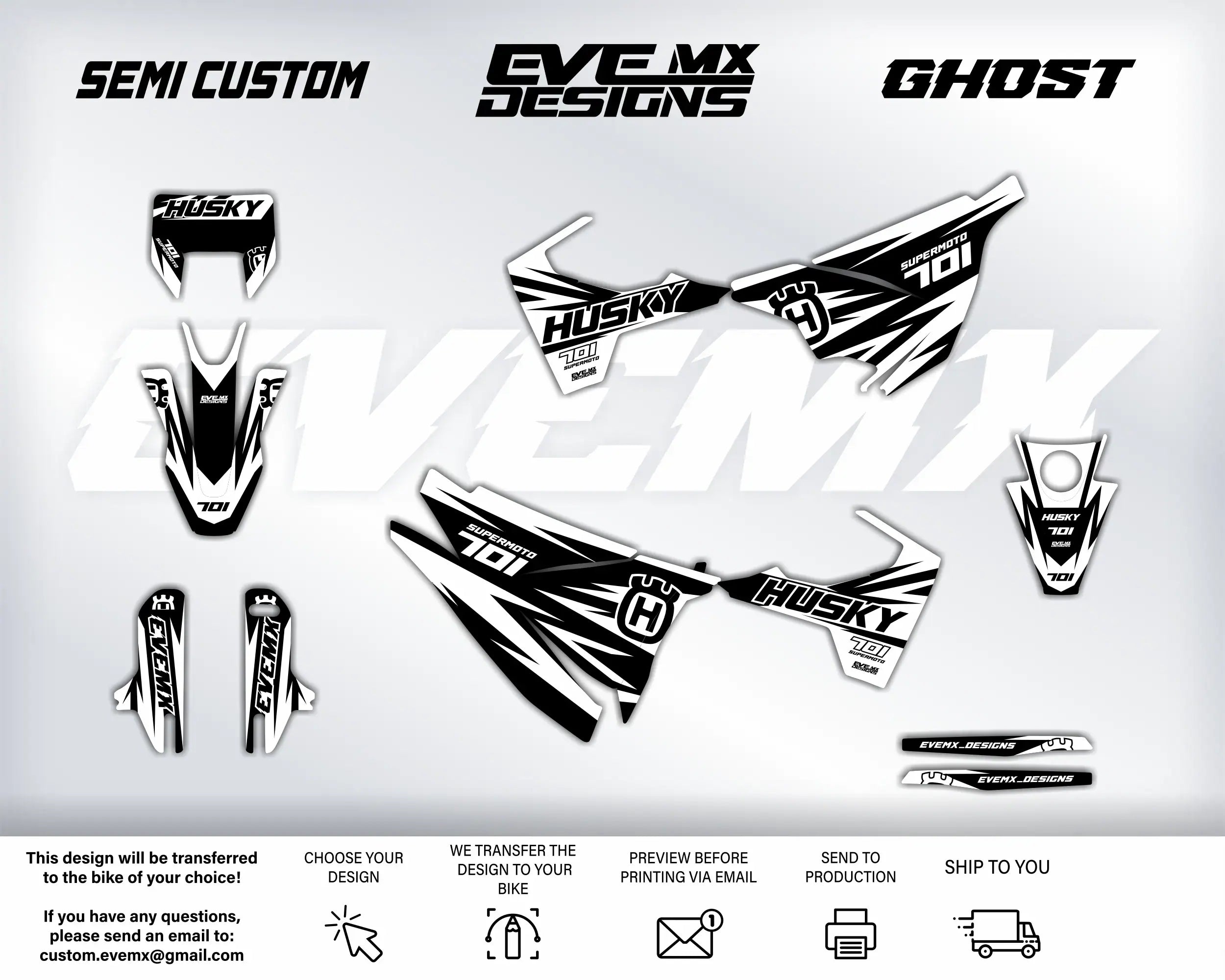 Motorcycle decals with Husky EveMx Designs branding on a white background