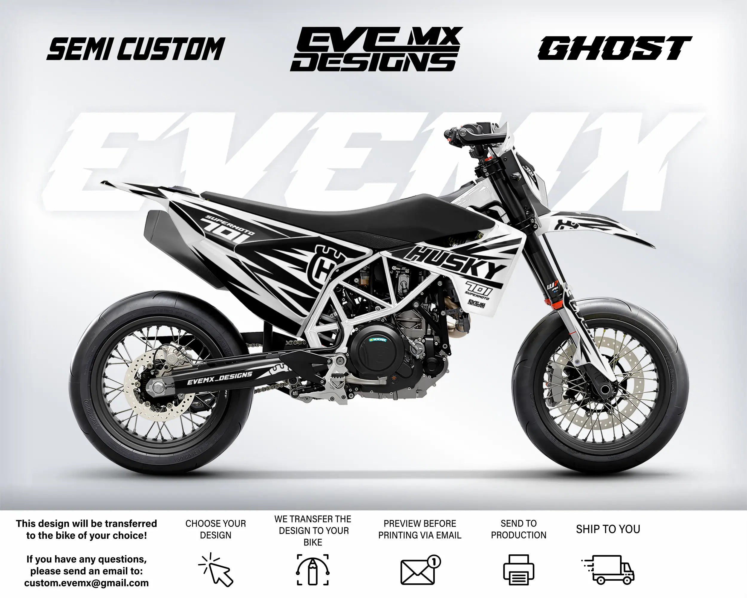 Motorcycle with 'EveMX Designs' branding on a white background
