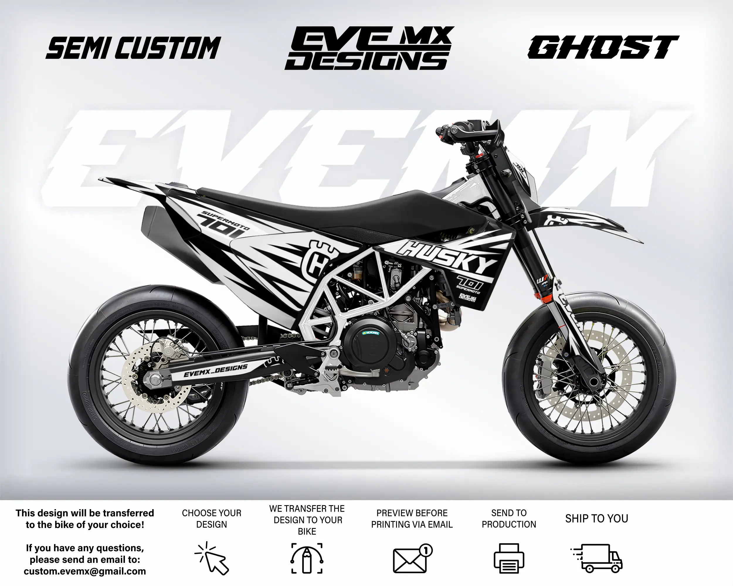 Motorcycle with 'EveMX Designs' branding on a white background