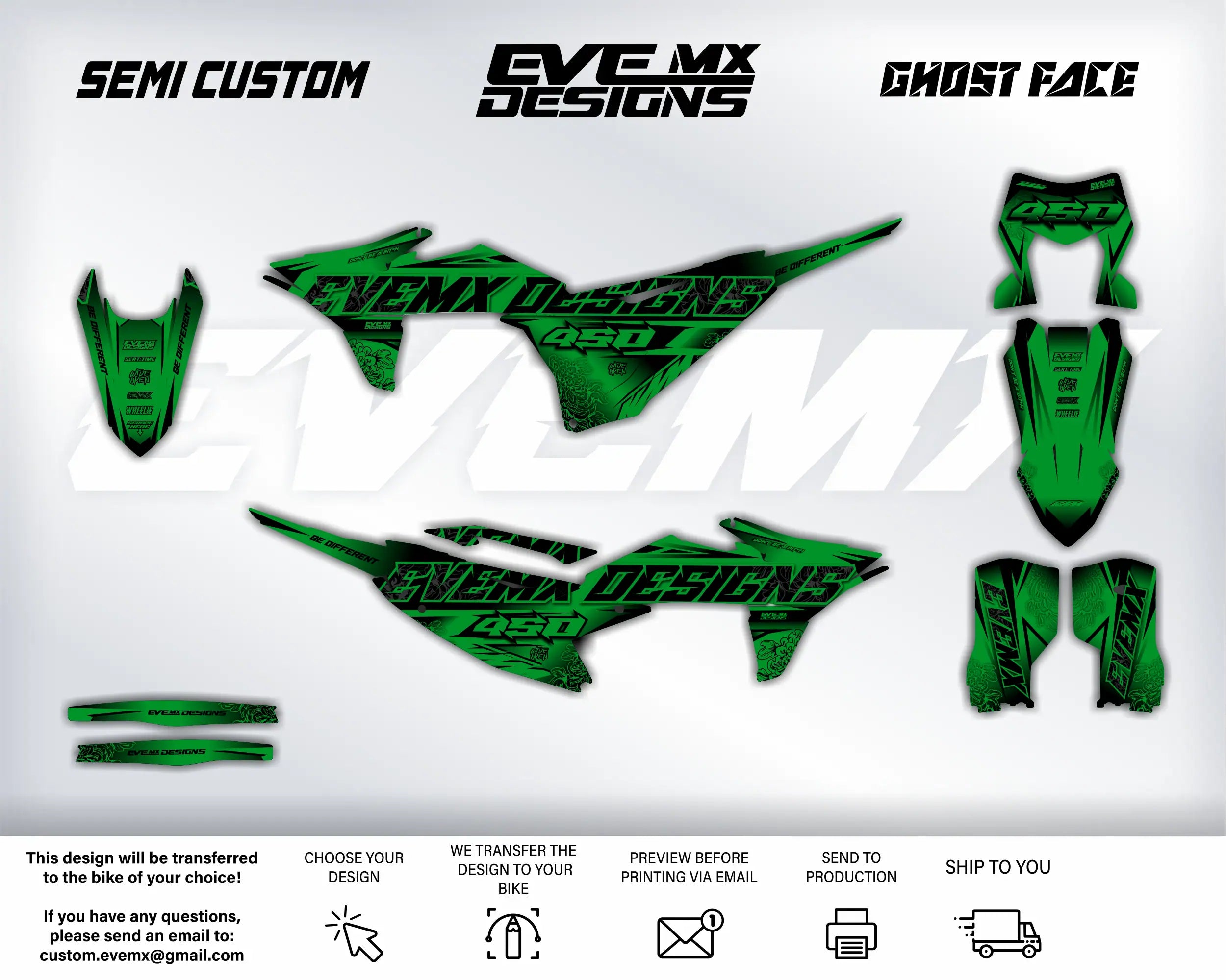 Green motorcycle decals with 'EveMX Designs' branding on a white background