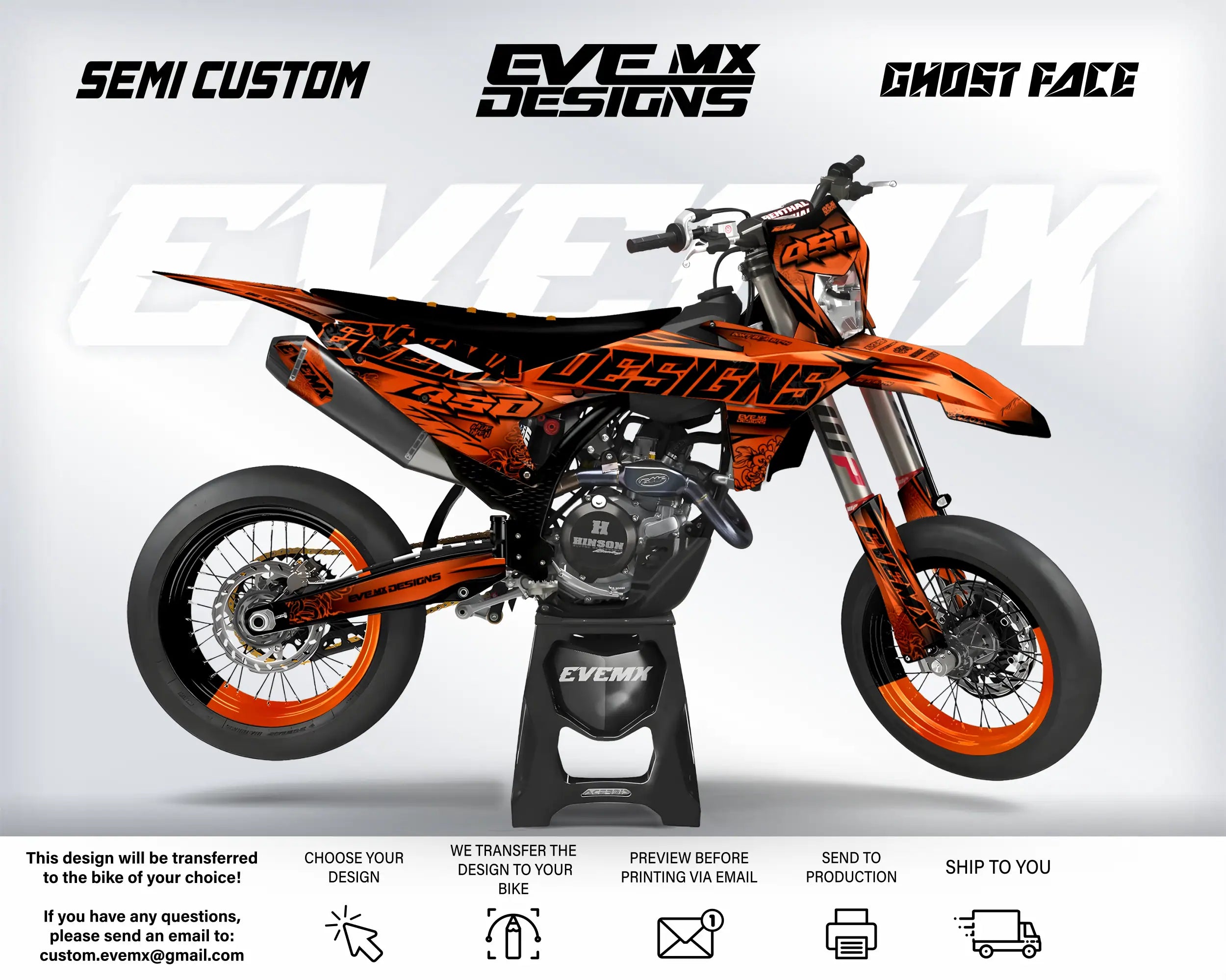 Orange and black dirt bike with 'EveMX Designs' branding on a white background