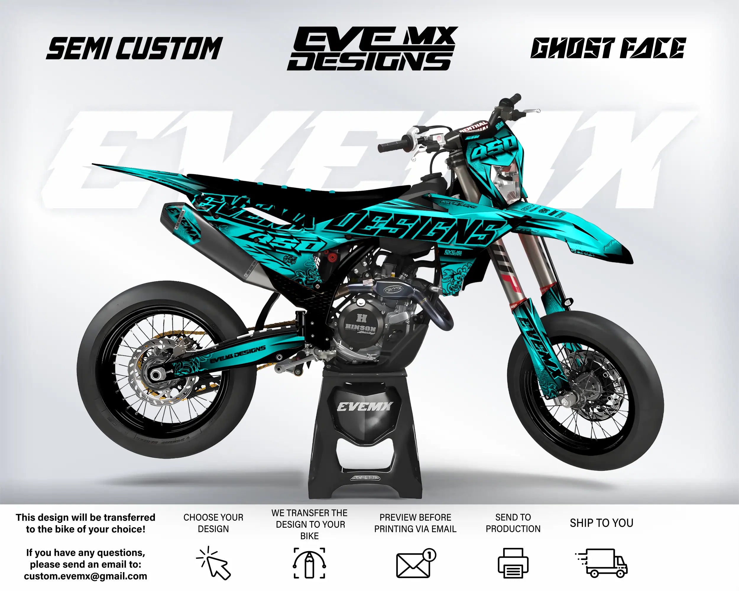 Teal and black dirt bike with 'EveMX Designs' branding on a white background