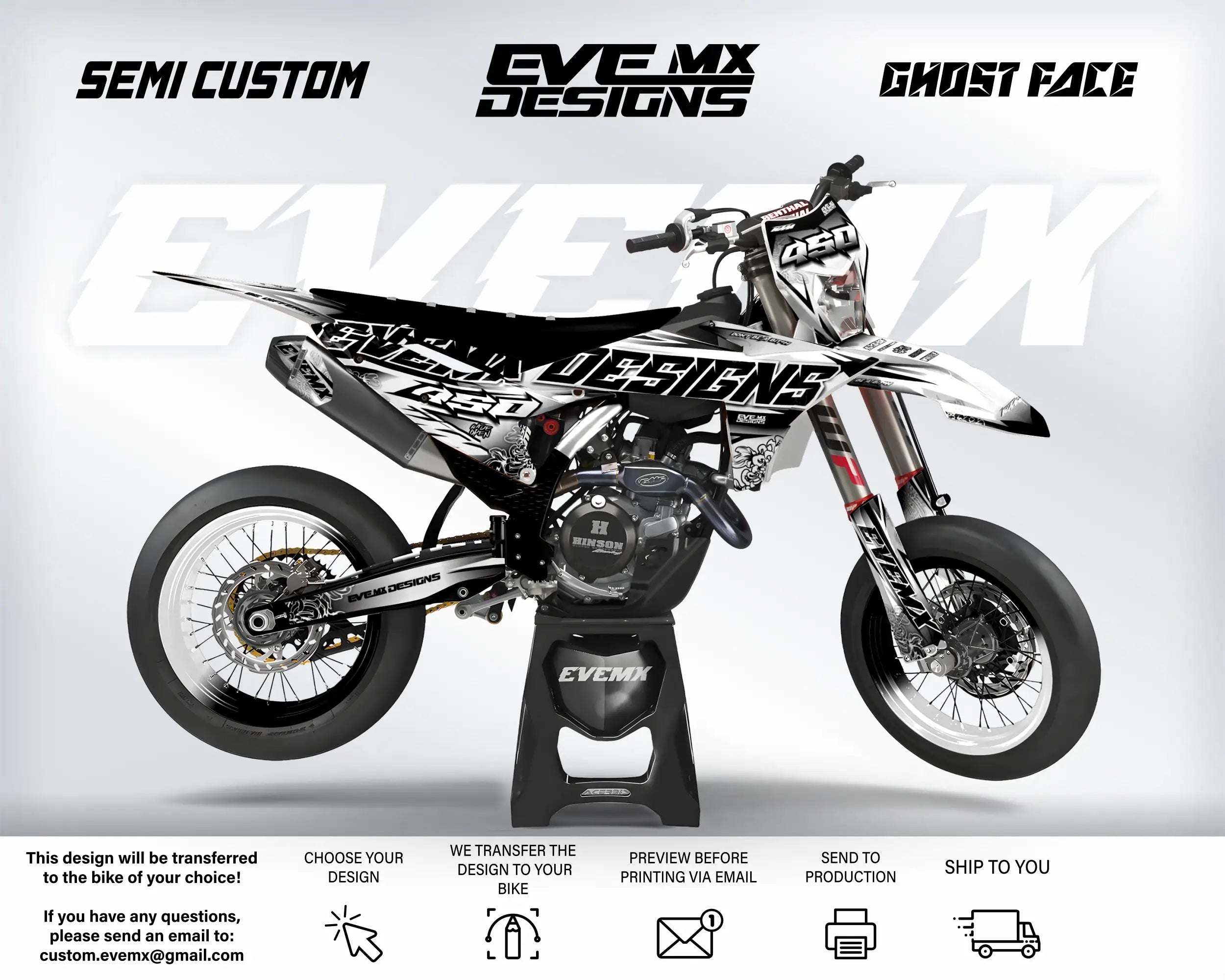 Motorcycle with 'EveMX Designs' branding on a white background