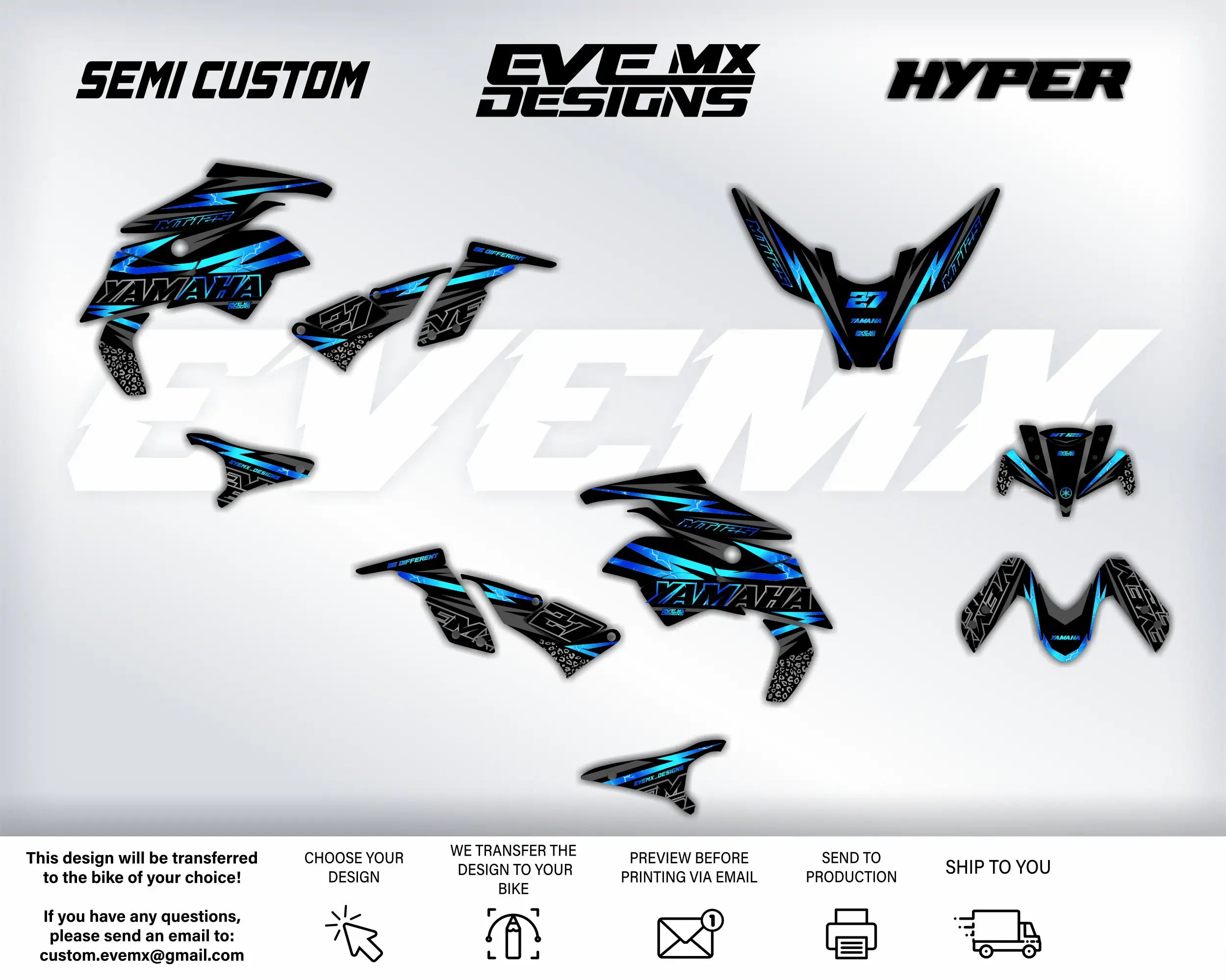 Motorcycle wrap design with 'EveMX Designs' branding on a white background