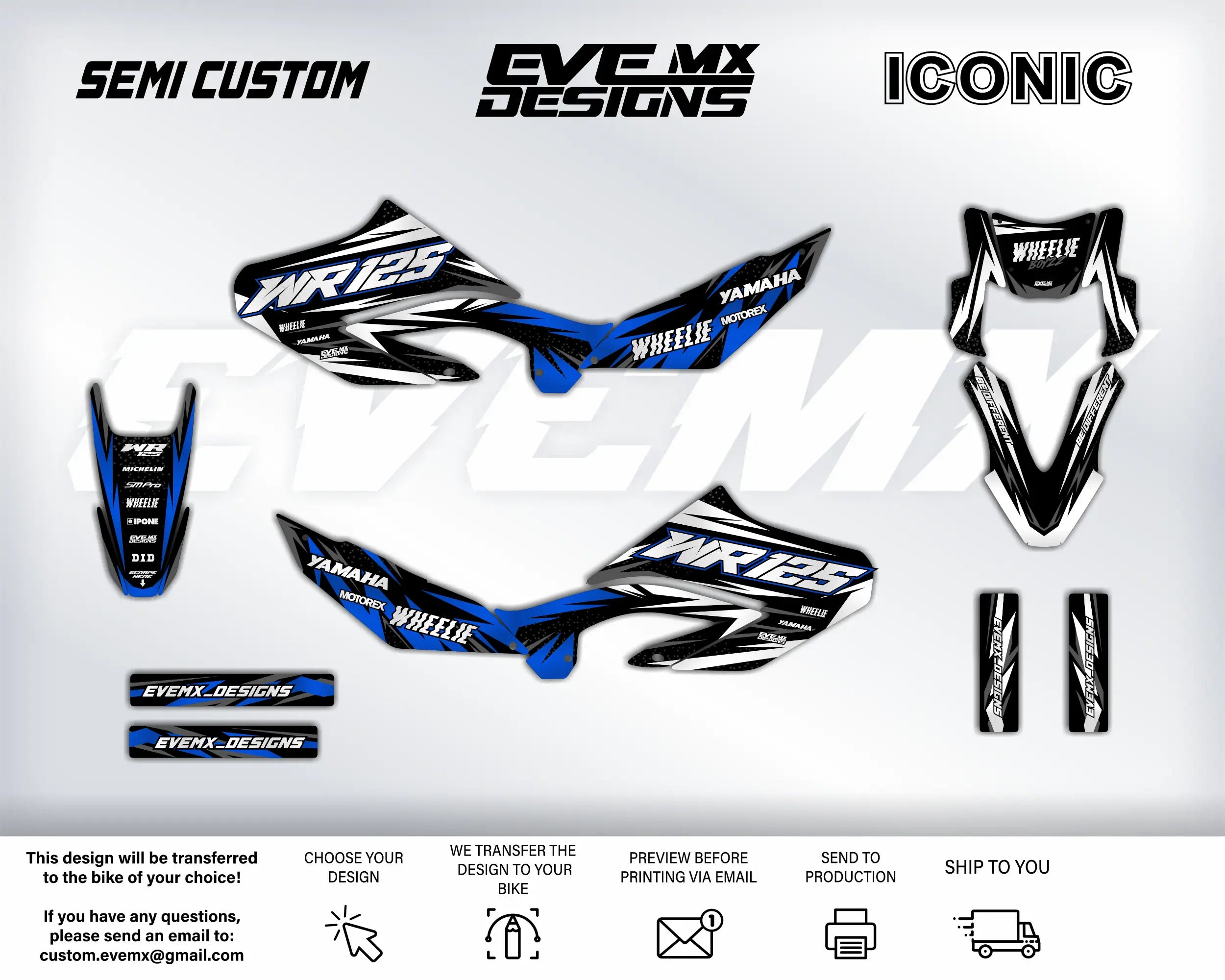 Motorcycle graphics kit with 'EveMX Designs' branding on a white background