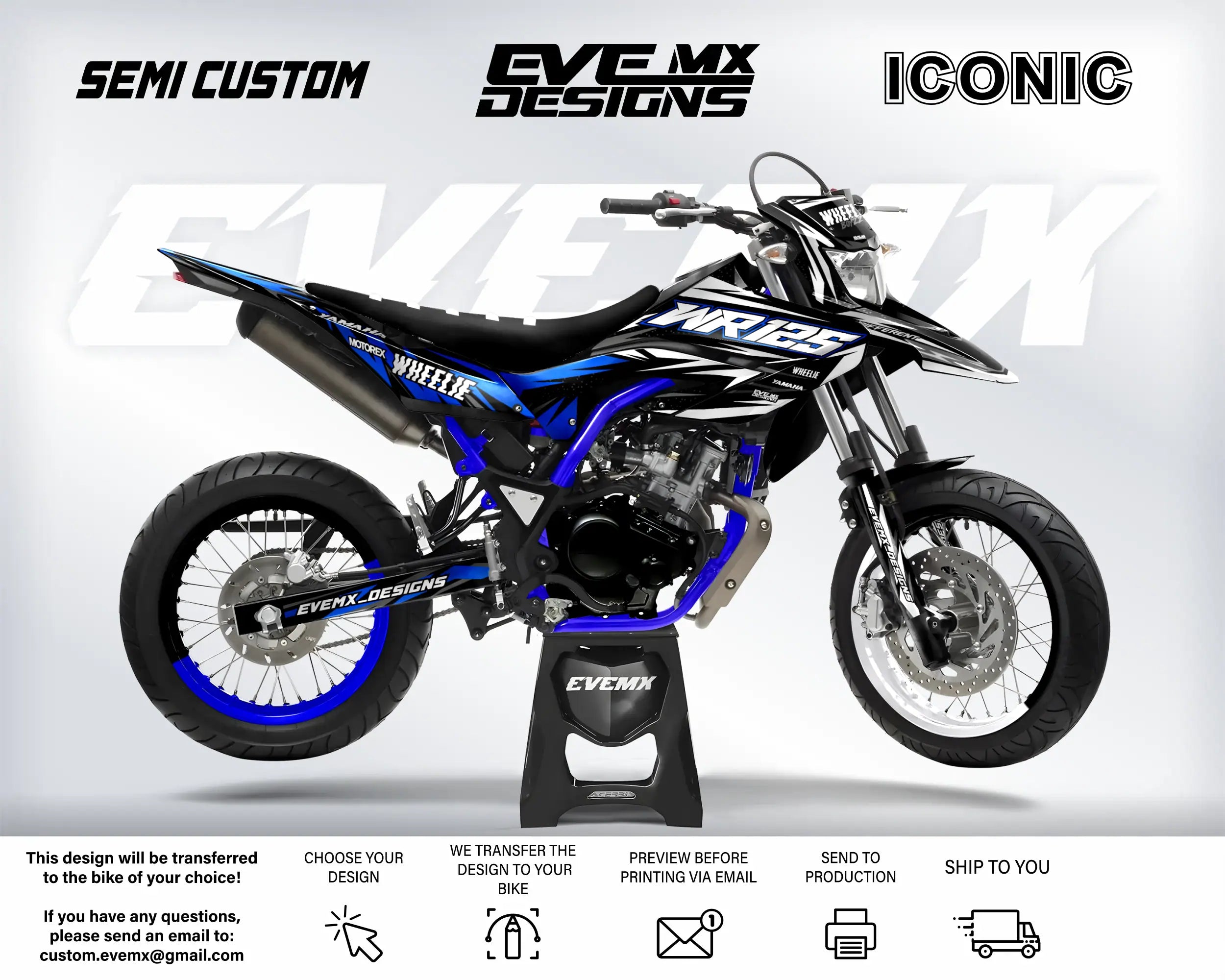 Motorcycle with 'EveMX Designs' branding on a white background