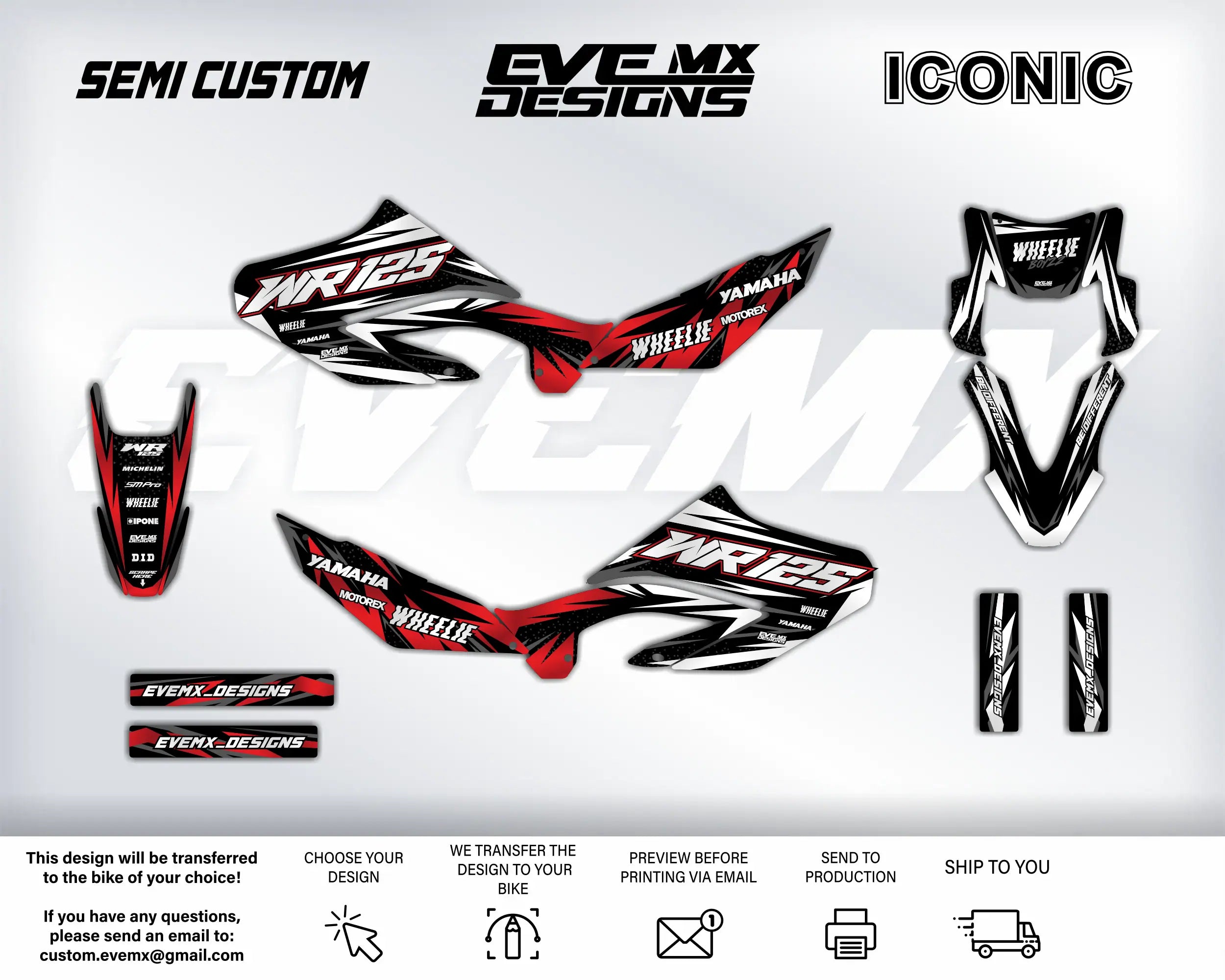 Motorcycle graphics kit with 'EveMX Designs' branding on a white background