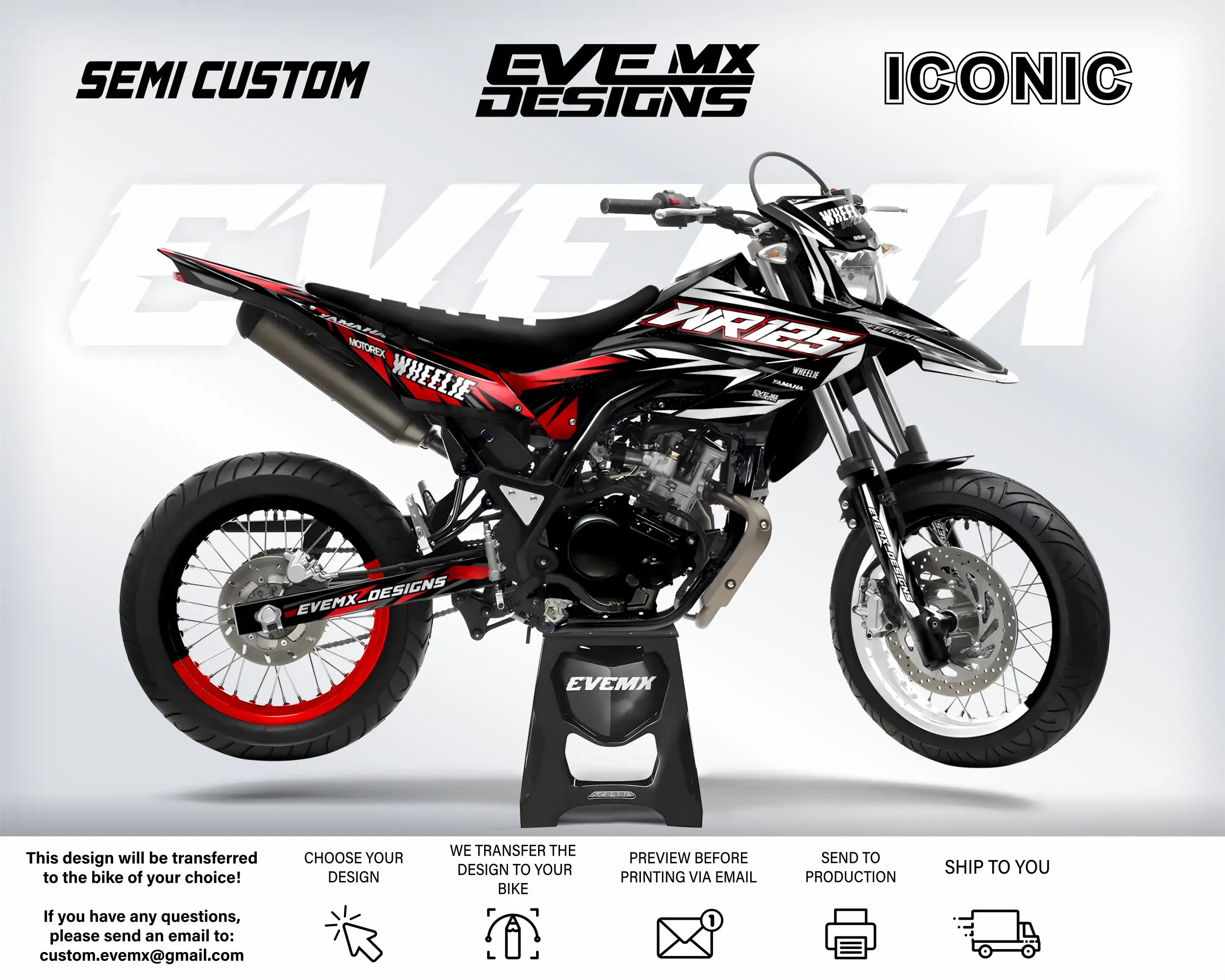 Motorcycle with 'EveMX Designs' branding on a white background