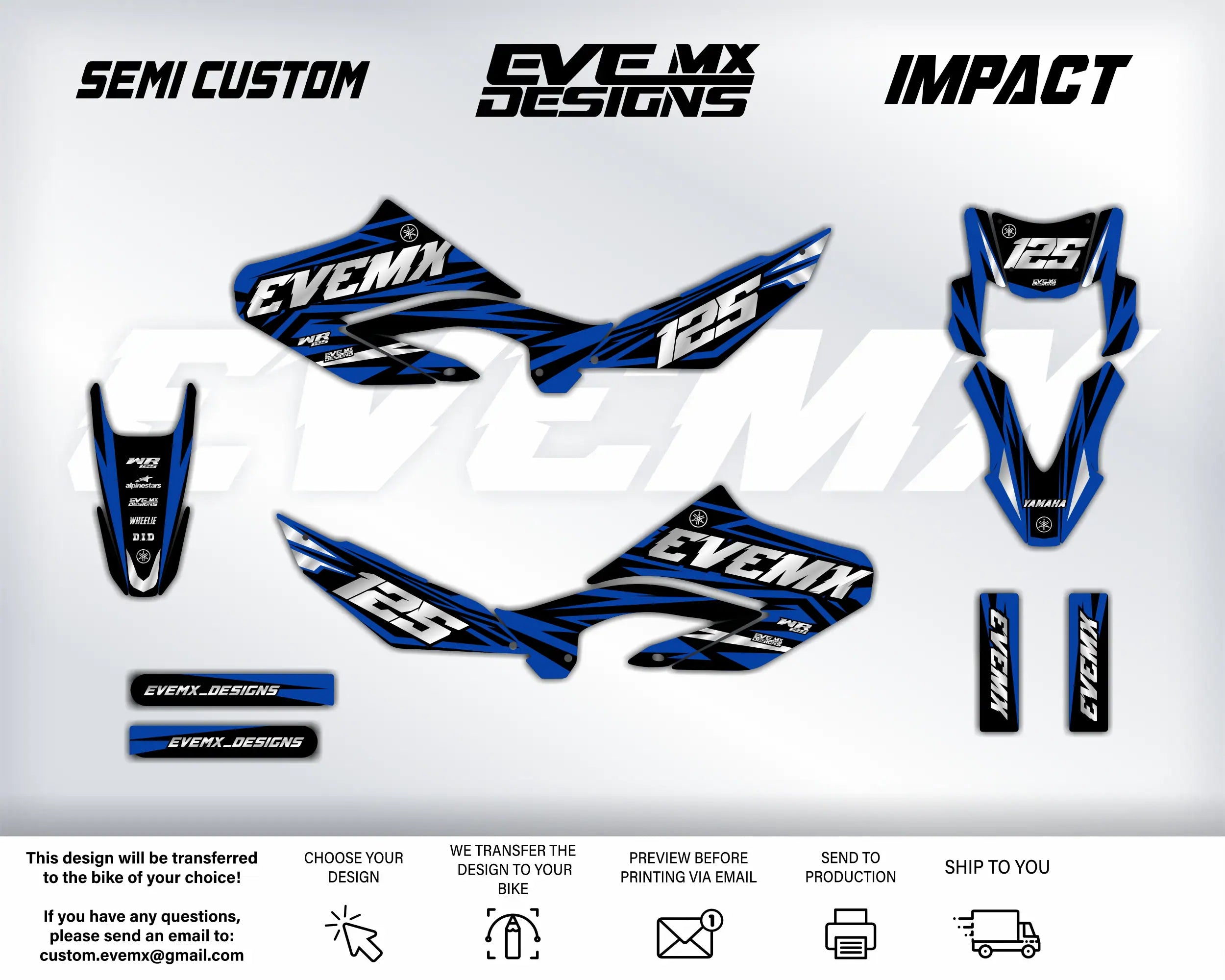 EVEMX Designs motorcycle wrap design with branding and customization options on a white background.