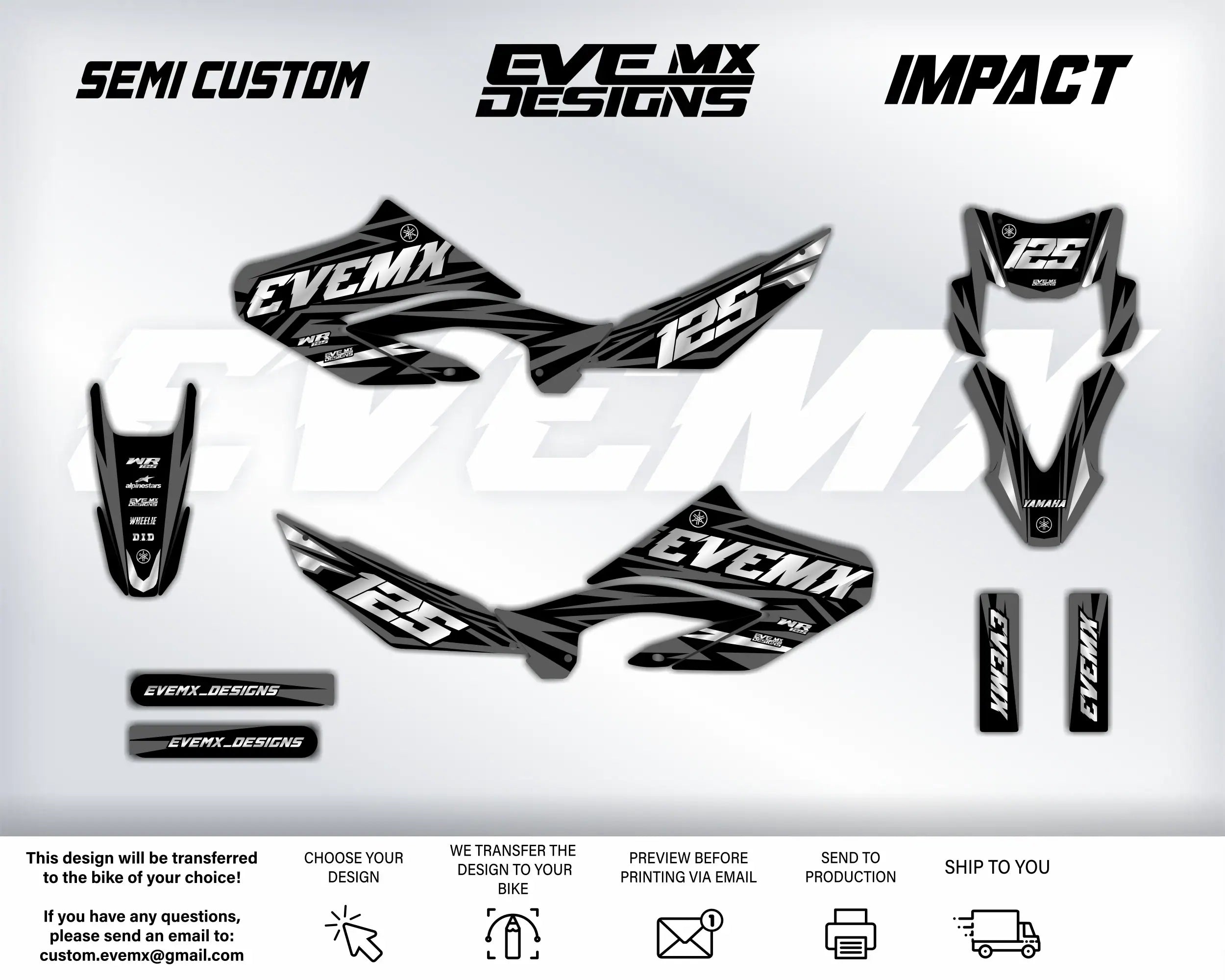 Motorcycle graphics kit with EVEMX Designs branding on a white background