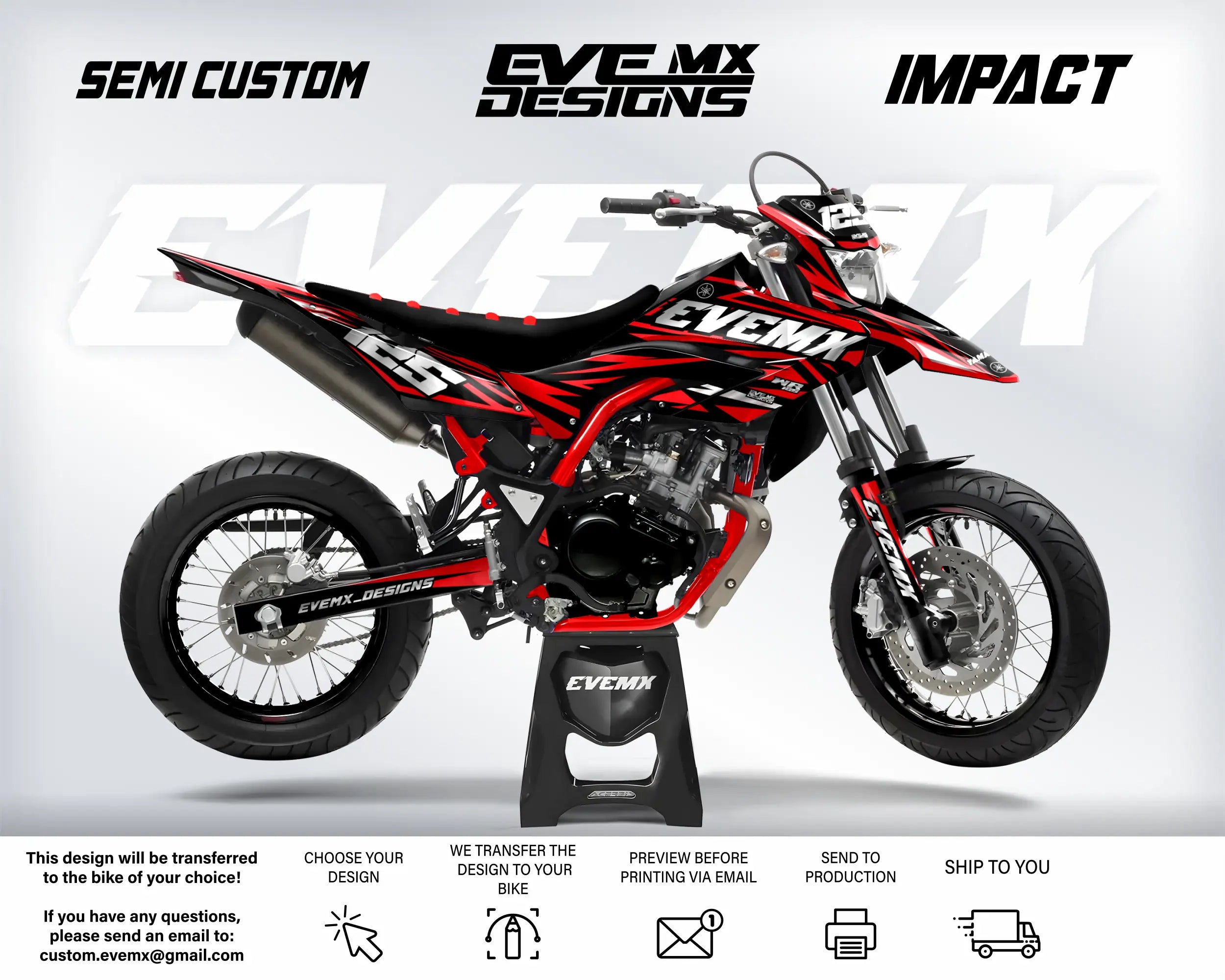 Red and black dirt bike with 'EveMX Designs' branding on a white background