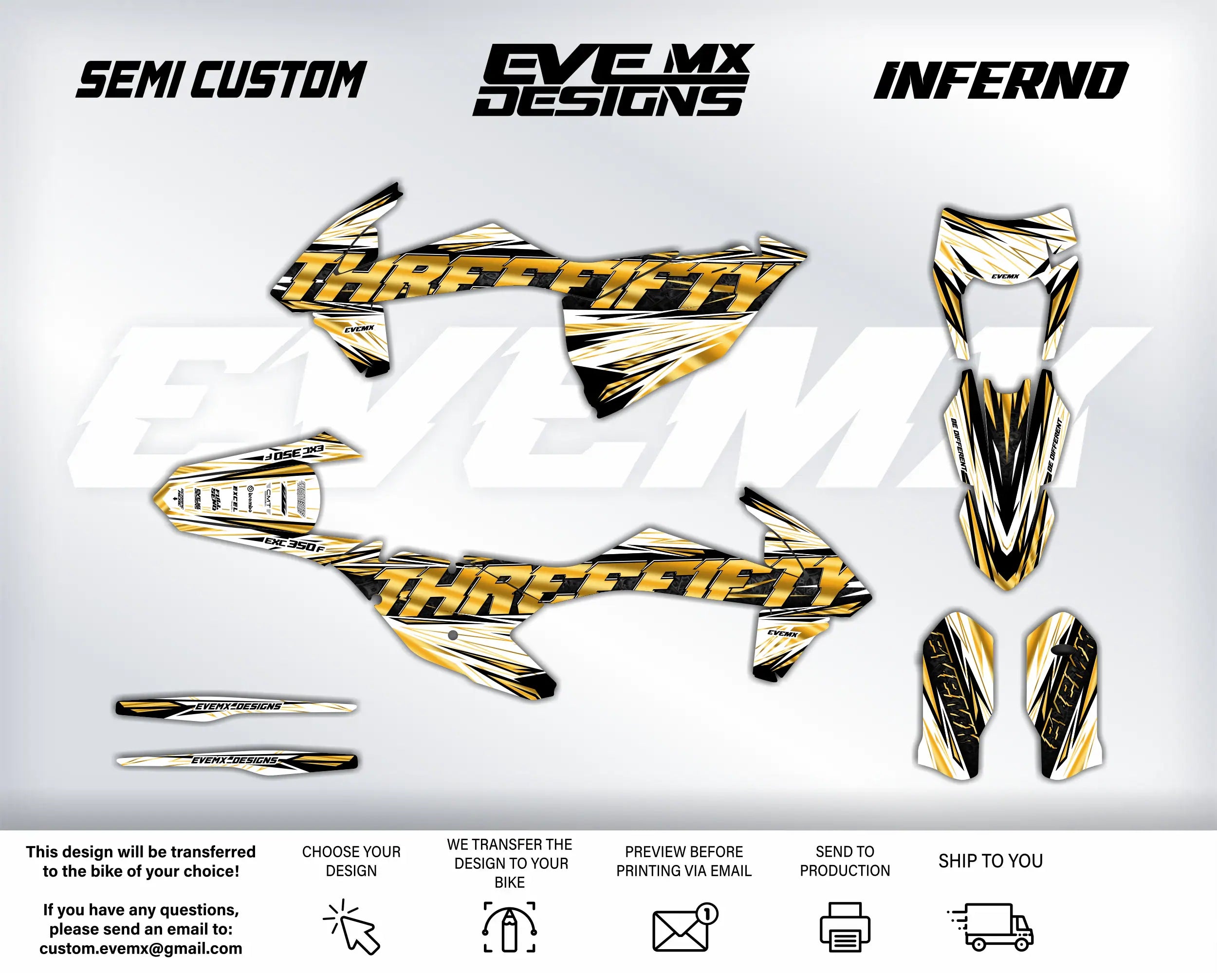 Motorcycle wrap design kit with 'Semi Custom', 'EveMX Designs', and 'Inferno' branding on a white background.