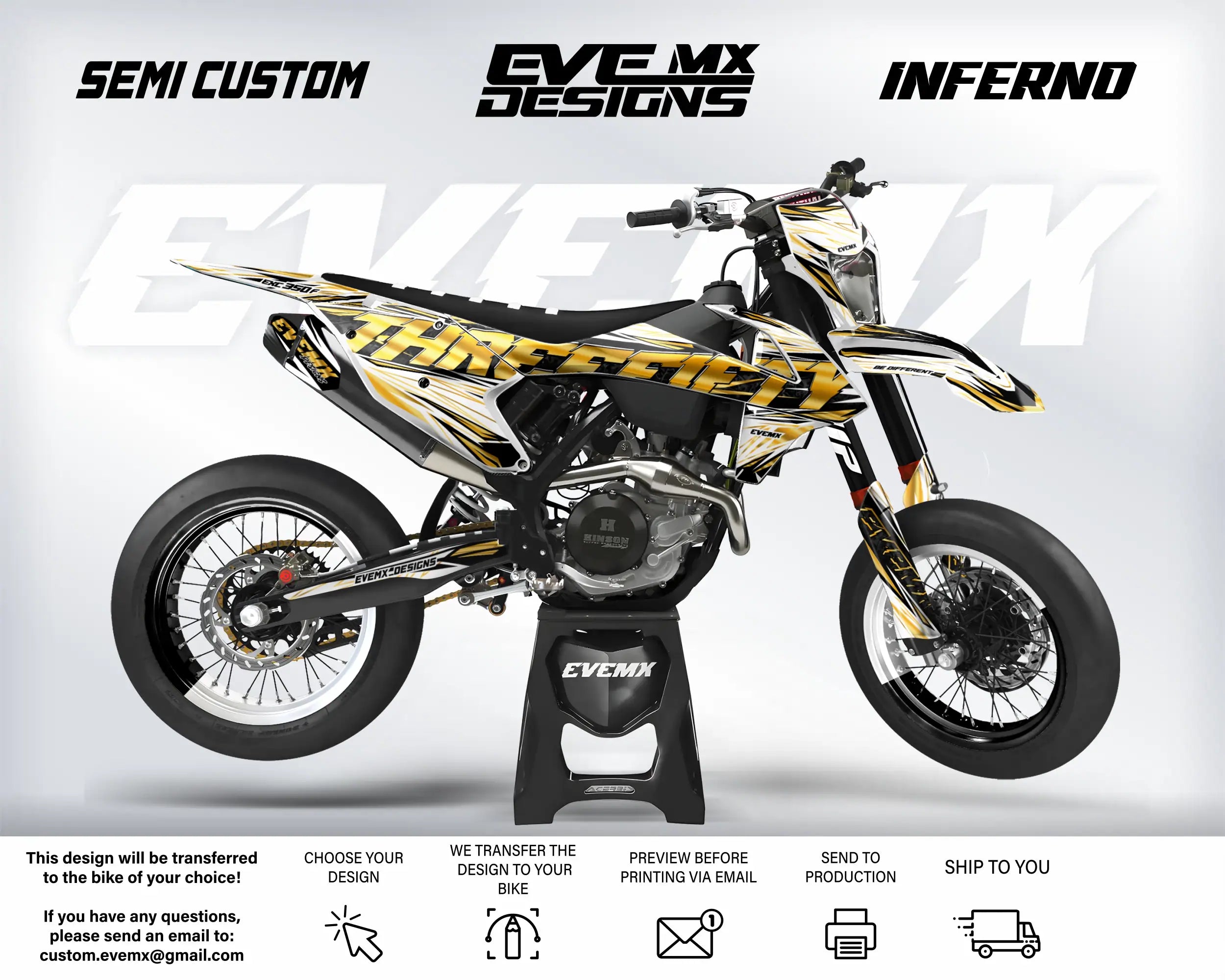 Motocross bike with 'EveMX Designs' branding on a white background