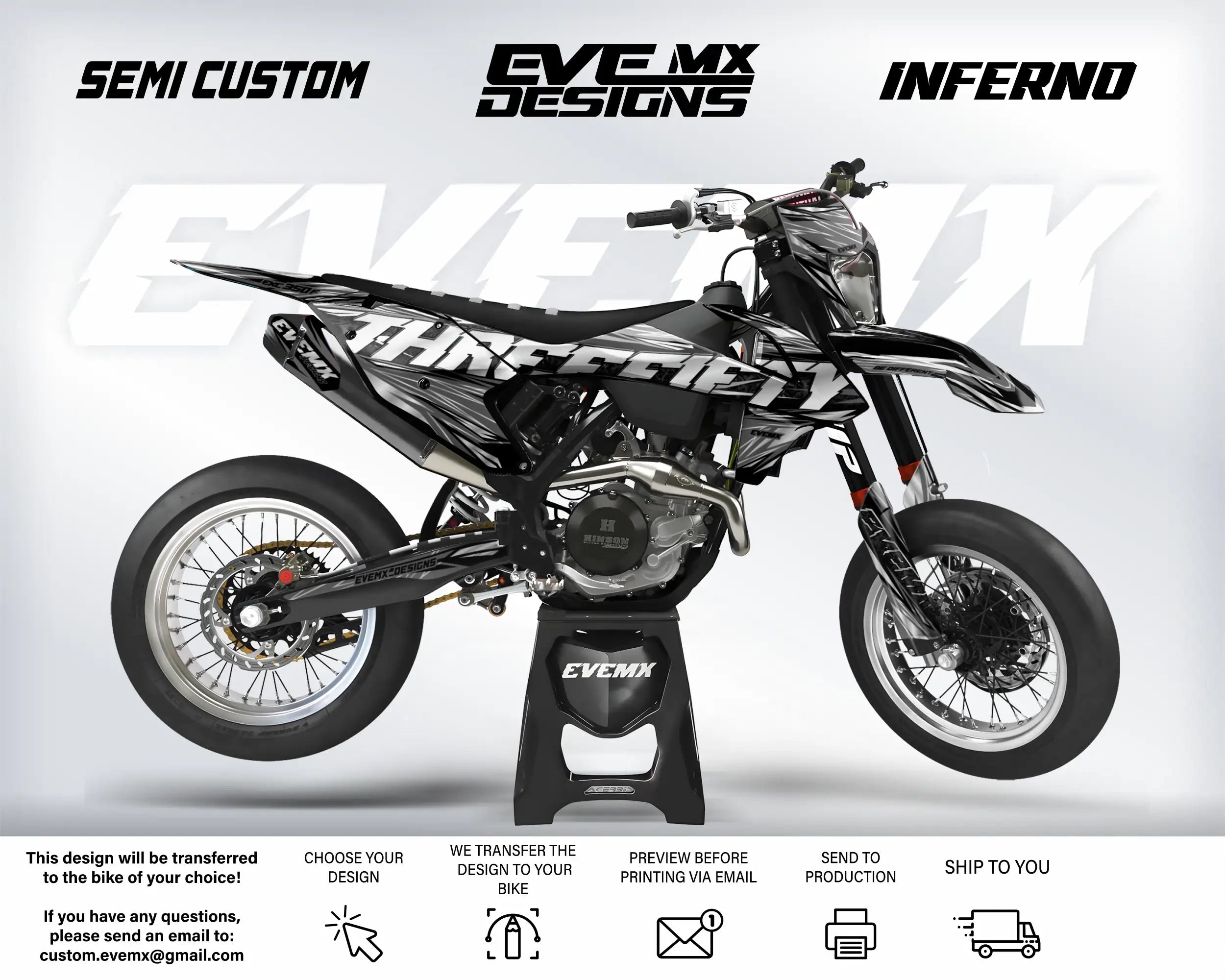 Motorcycle with 'EveMX Designs' branding on a white background
