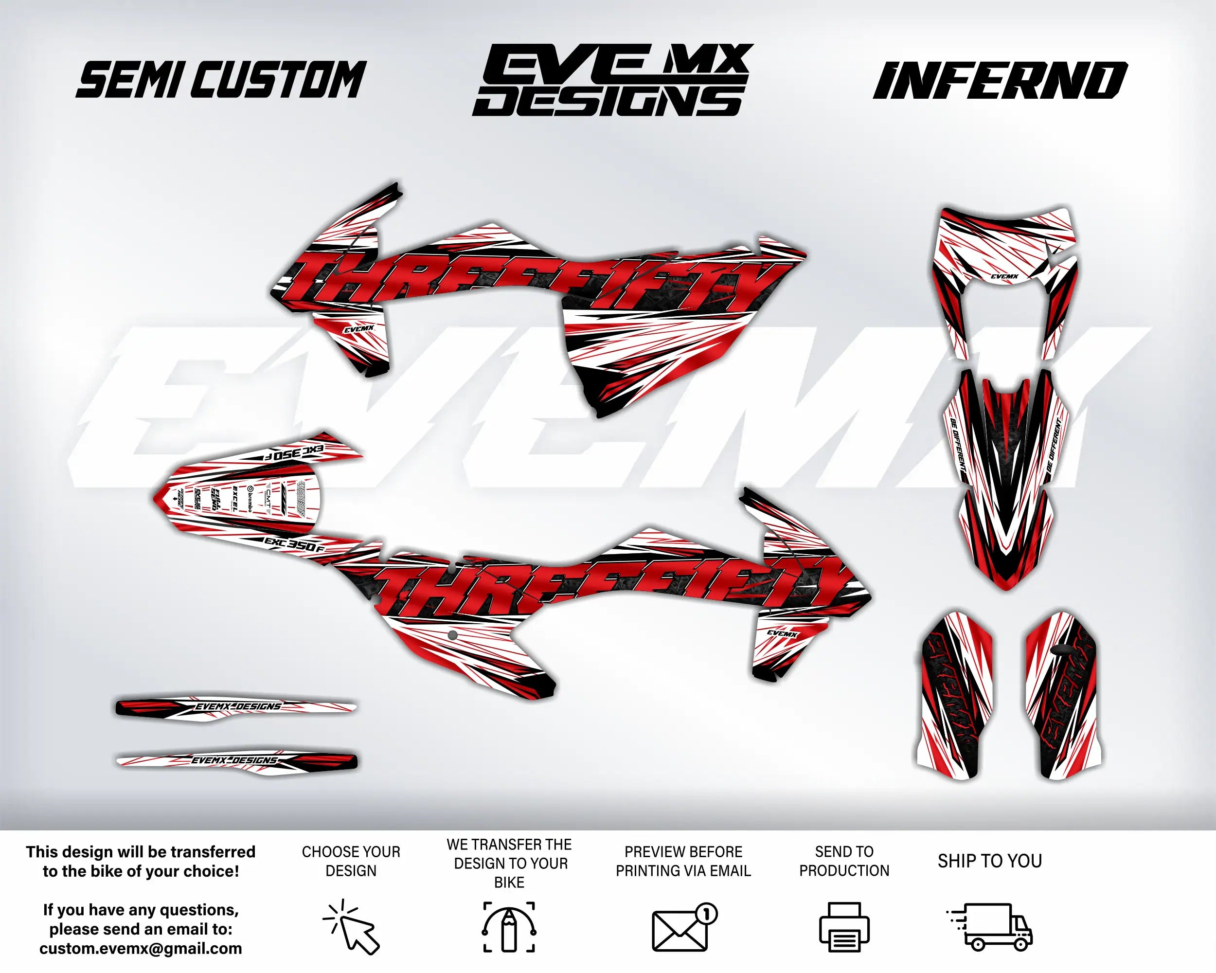Motorcycle wrap design kit with 'Three Fifty' branding and 'EveMX Designs' text on a white background.