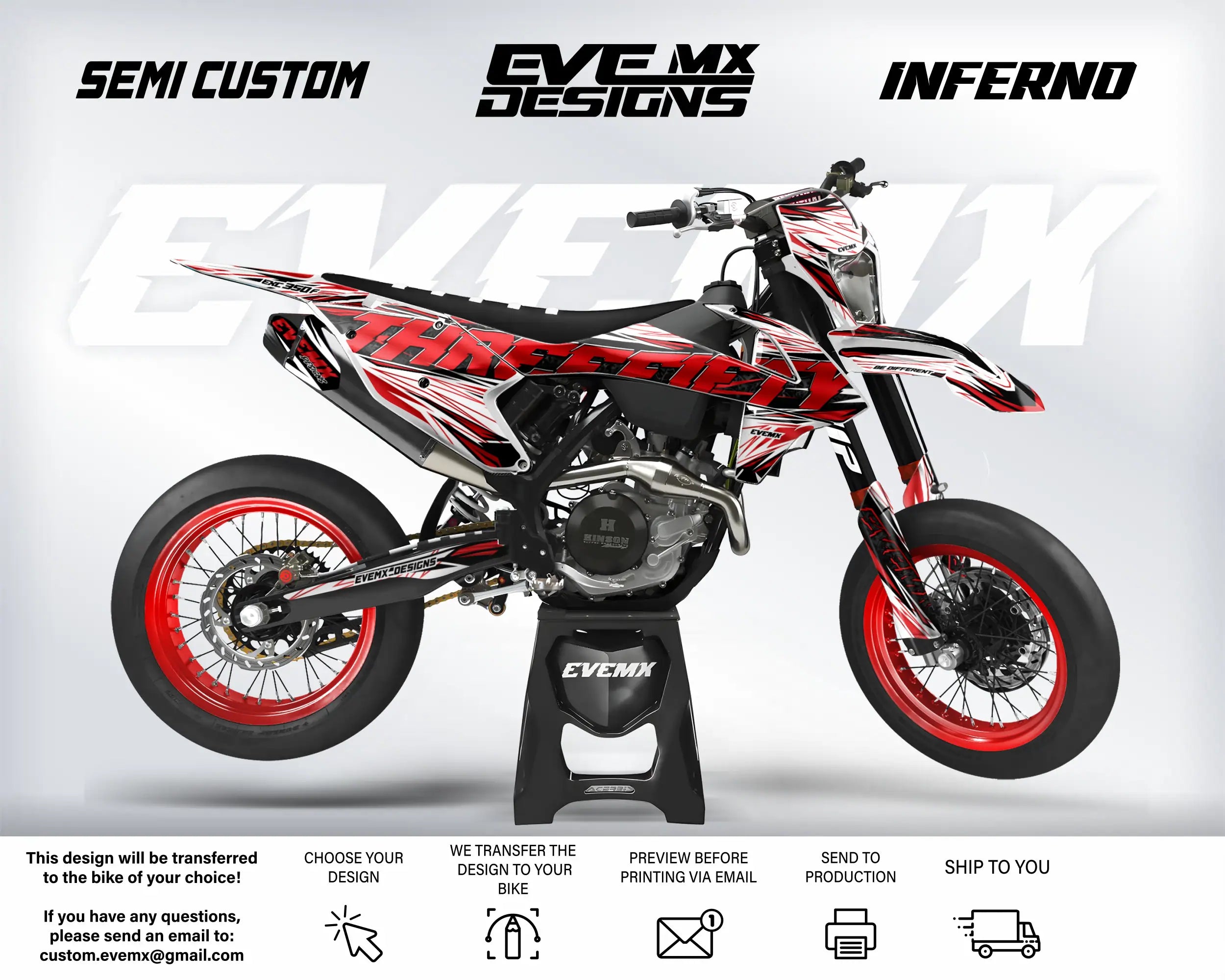 Motocross bike with red and black design on a white background, featuring 'EveMX Designs' branding.