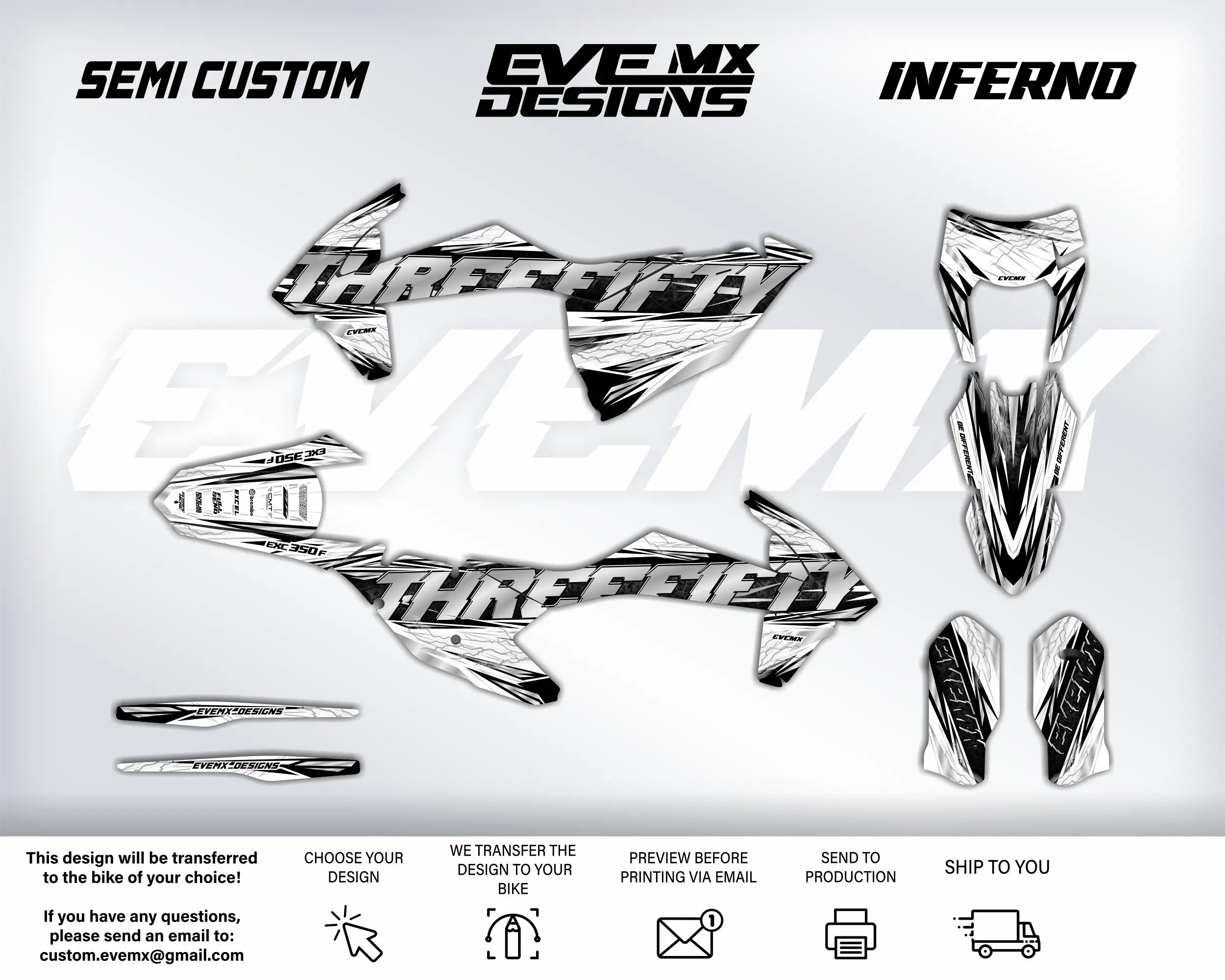 Motorcycle graphics kit with 'Semi Custom', 'EveMX Designs', and 'Inferno' branding on a white background.